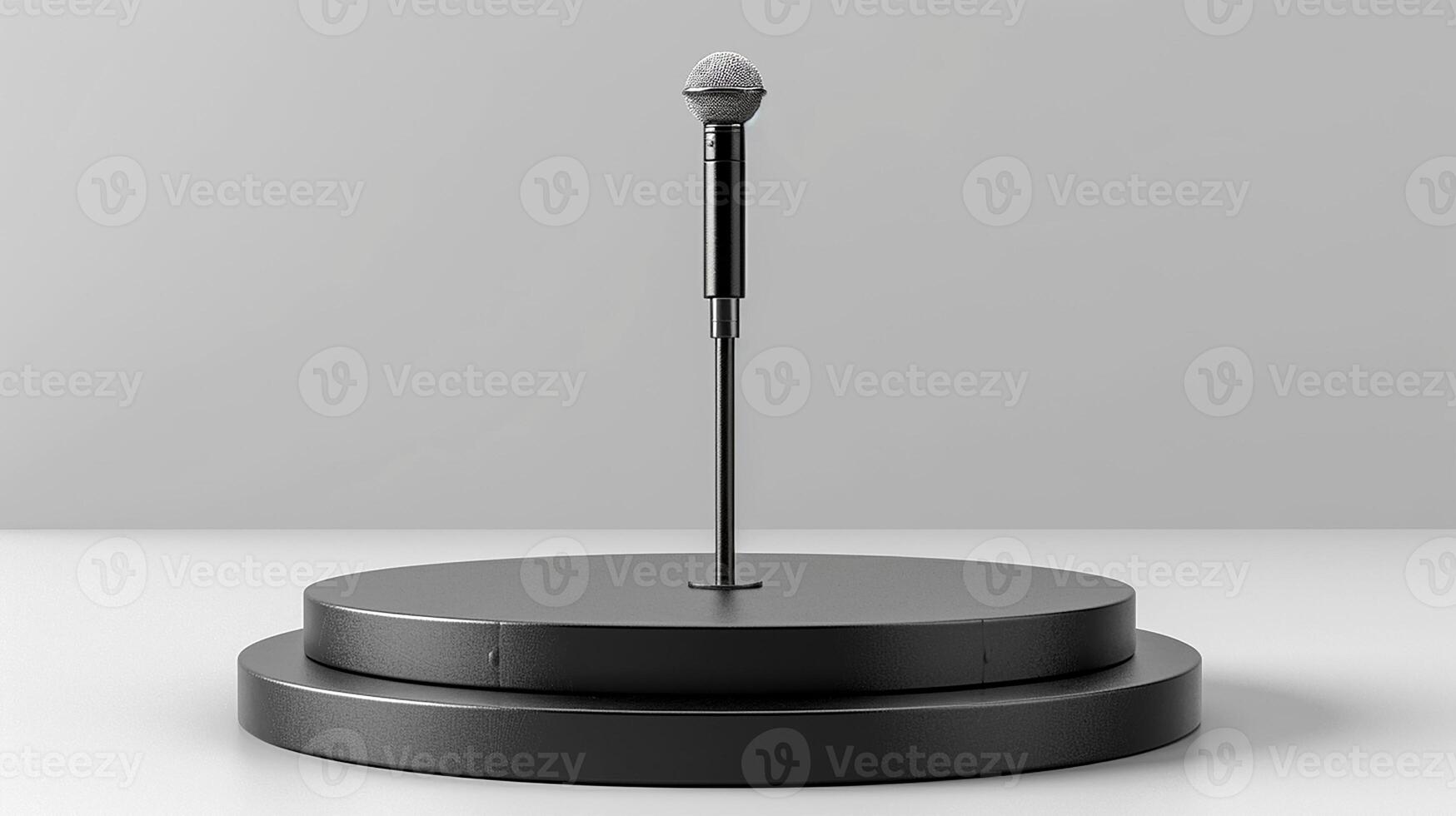 A microphone on a stand in front of a white background photo