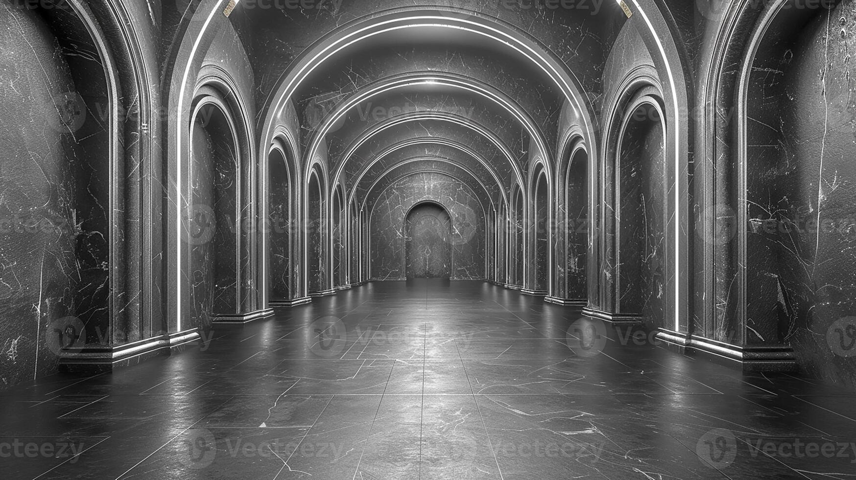 A long hallway with arches and black marble floor photo