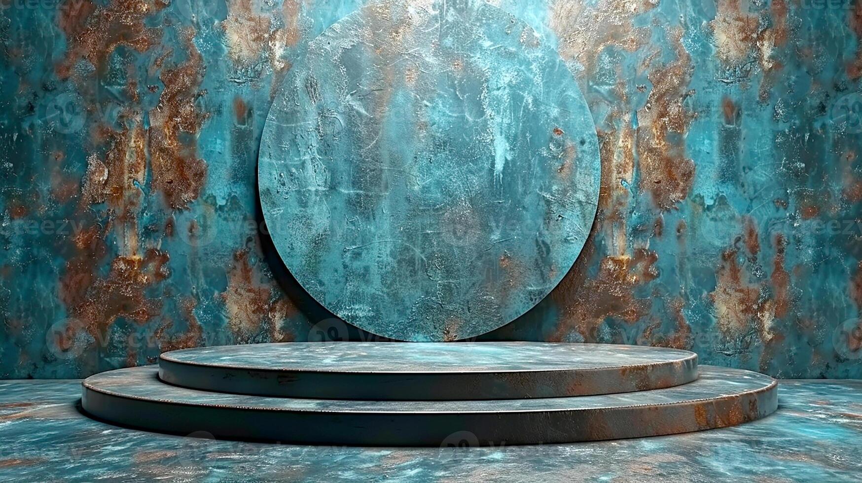A stage with a circular mirror in front of a blue wall photo