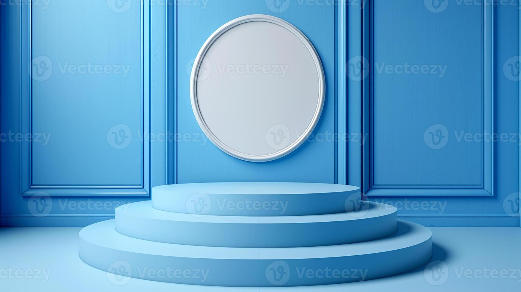 3d render of a blue room with a podium and mirror photo