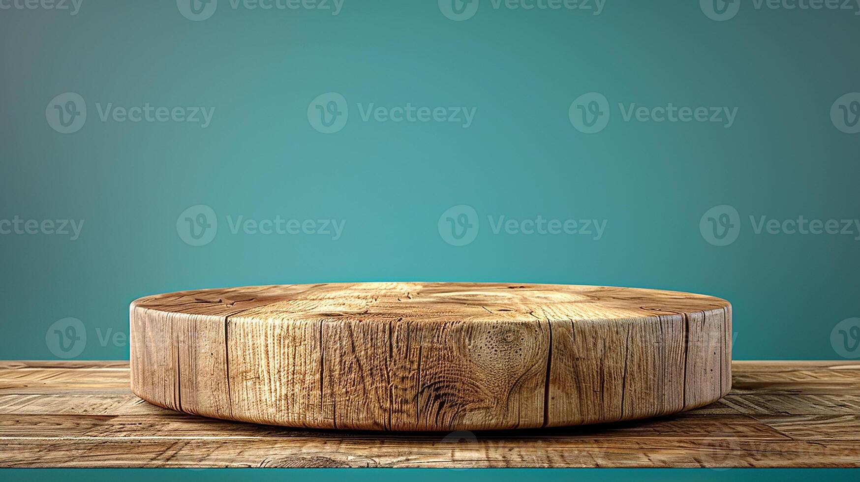 Wooden round table on wooden table with turquoise background photo