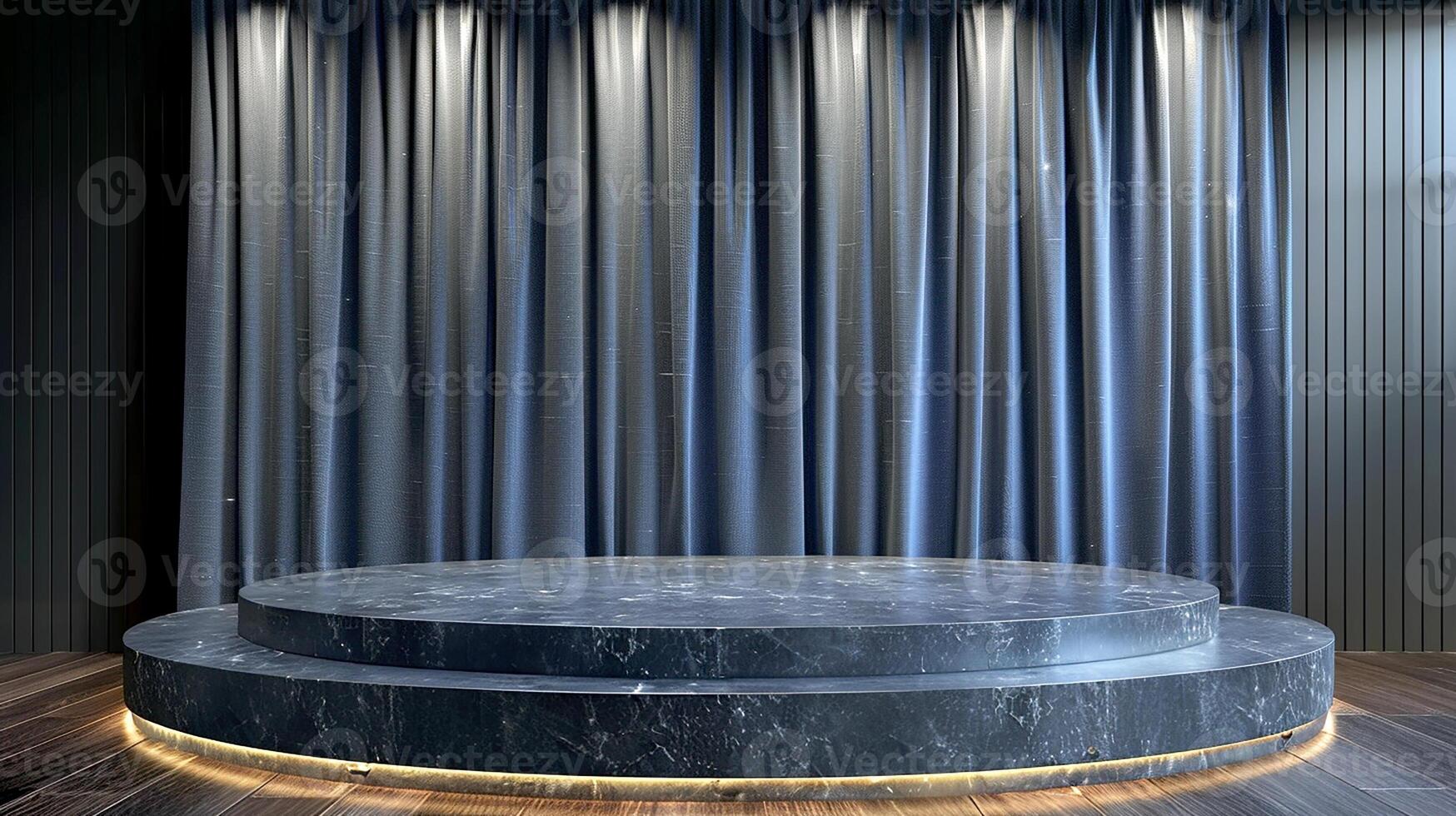 A stage with a black marble podium in front of a curtain photo