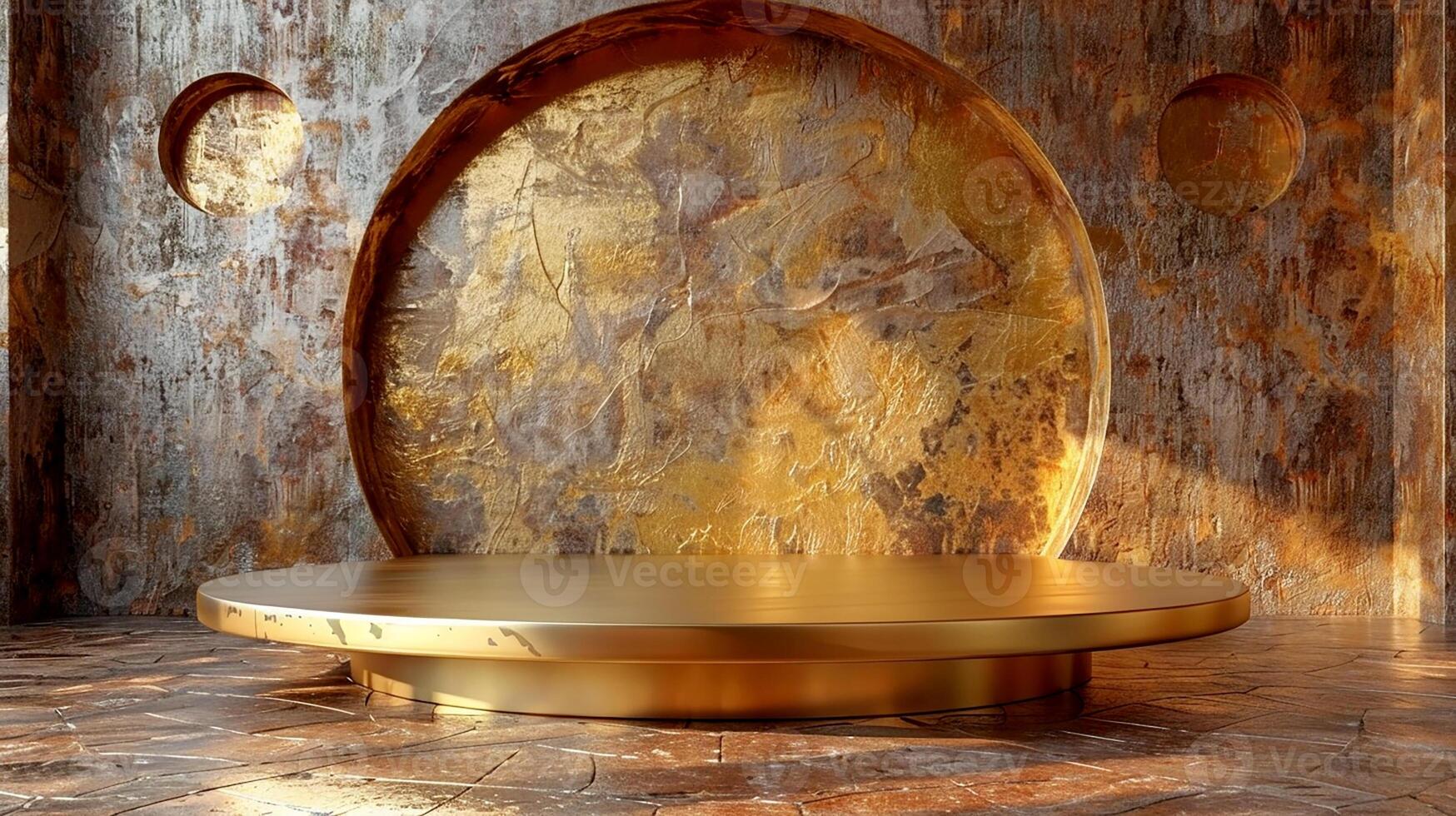 A golden round table in front of a wall with a large arch photo