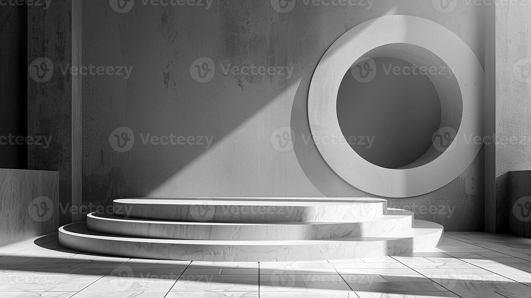 A black and white photo of a circular stage