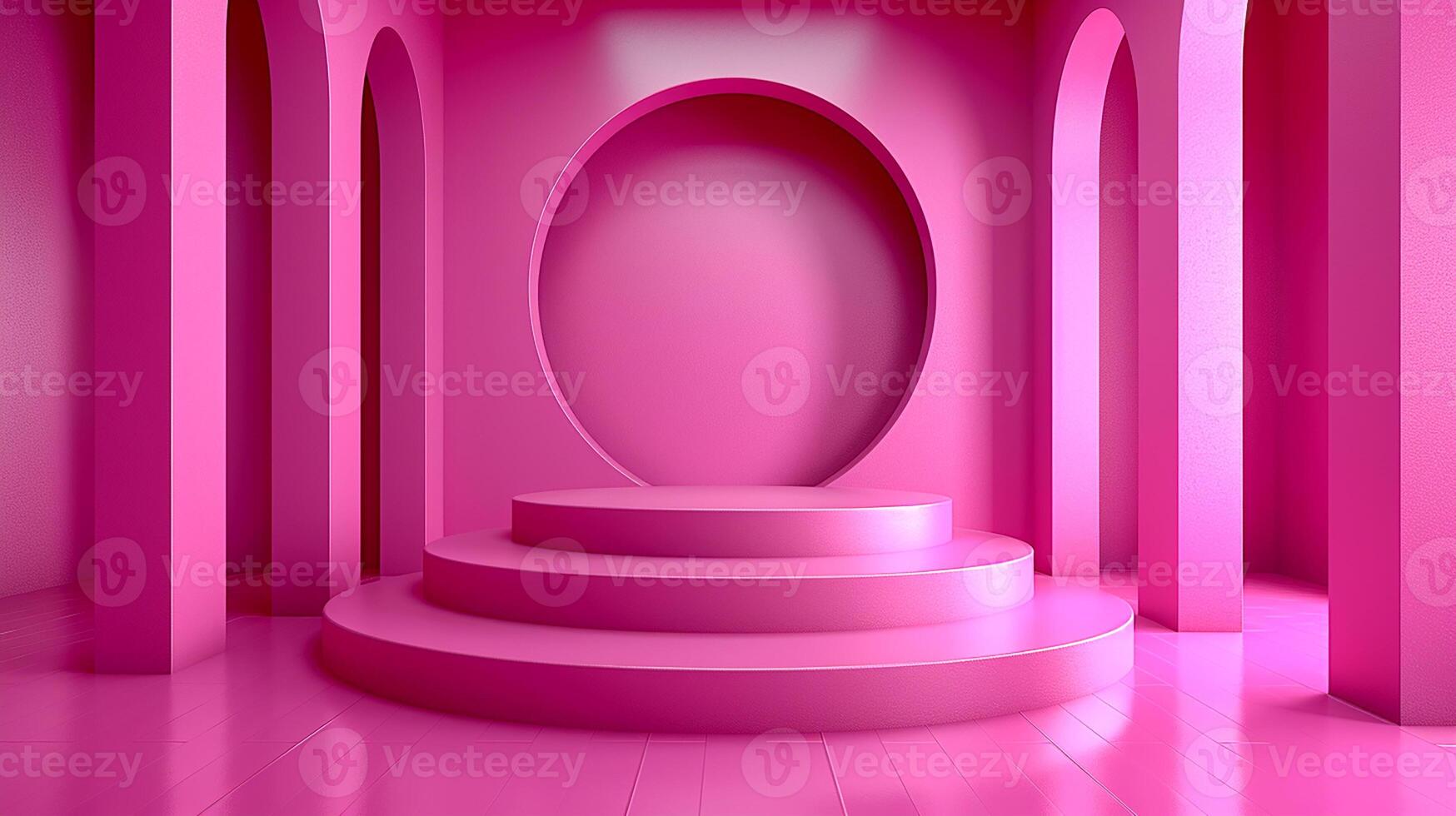 A pink room with a stage and a large oval window photo