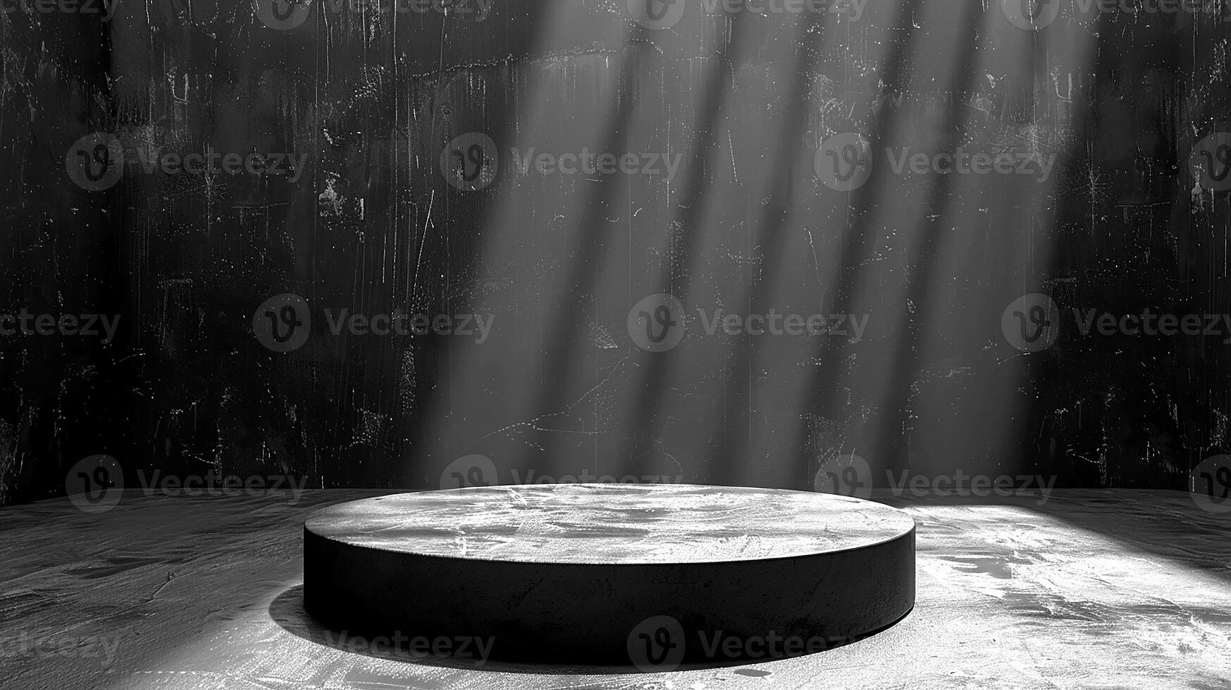 A black and white photo of a round table in a room