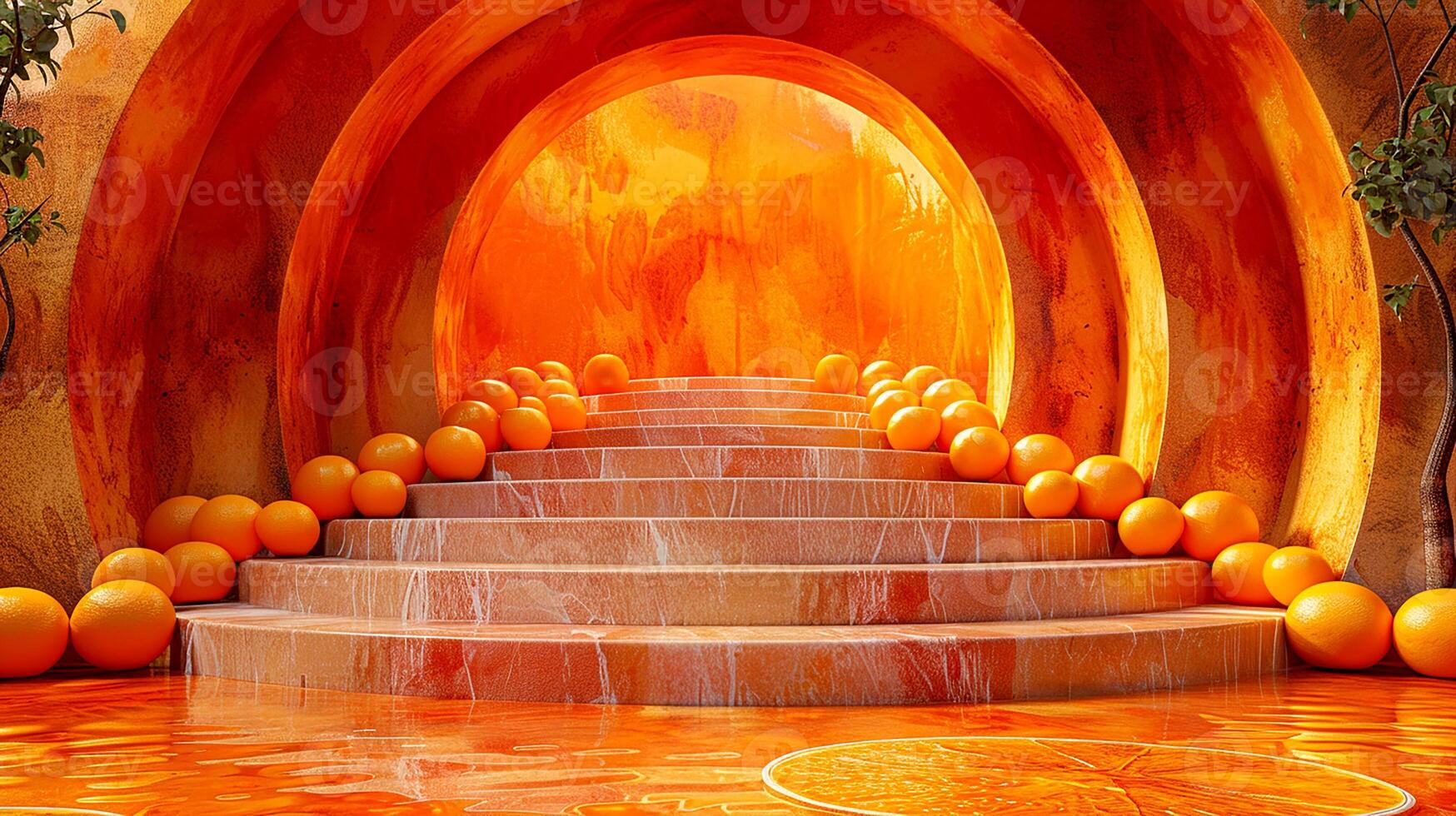 A large room with orange slices on the floor photo