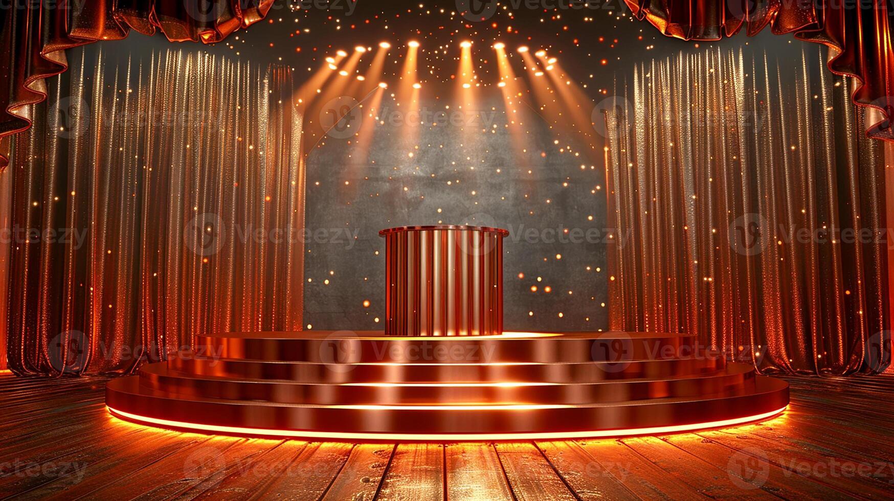 An empty stage with a spotlight and curtains photo