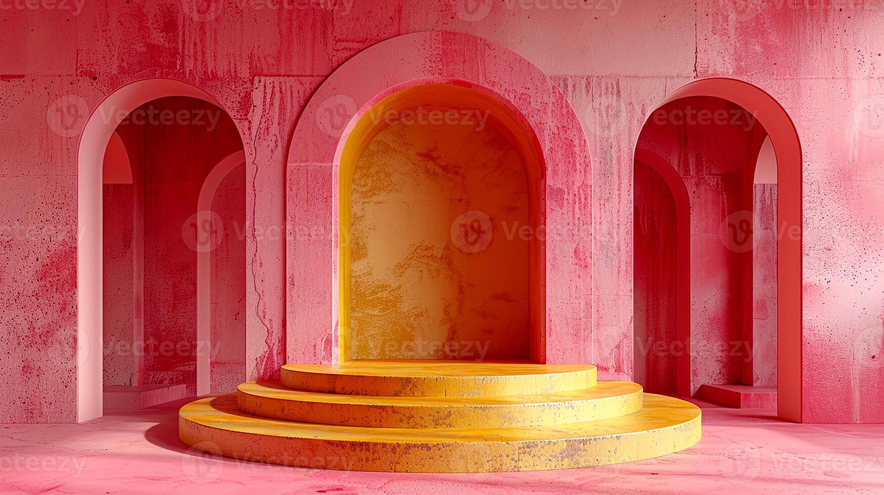 A pink room with a yellow throne and a pink wall photo
