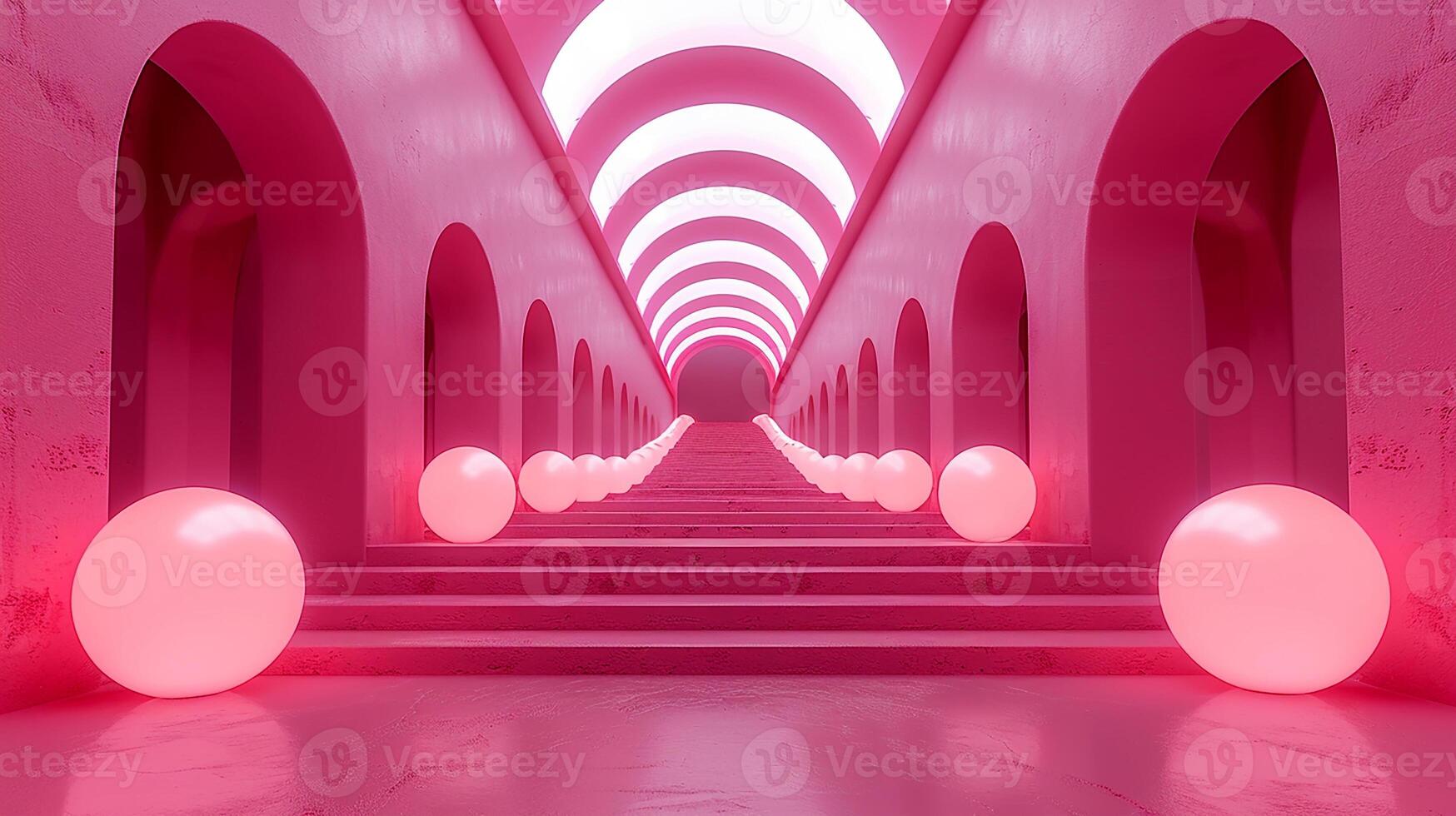 A pink tunnel with pink balls and stairs photo