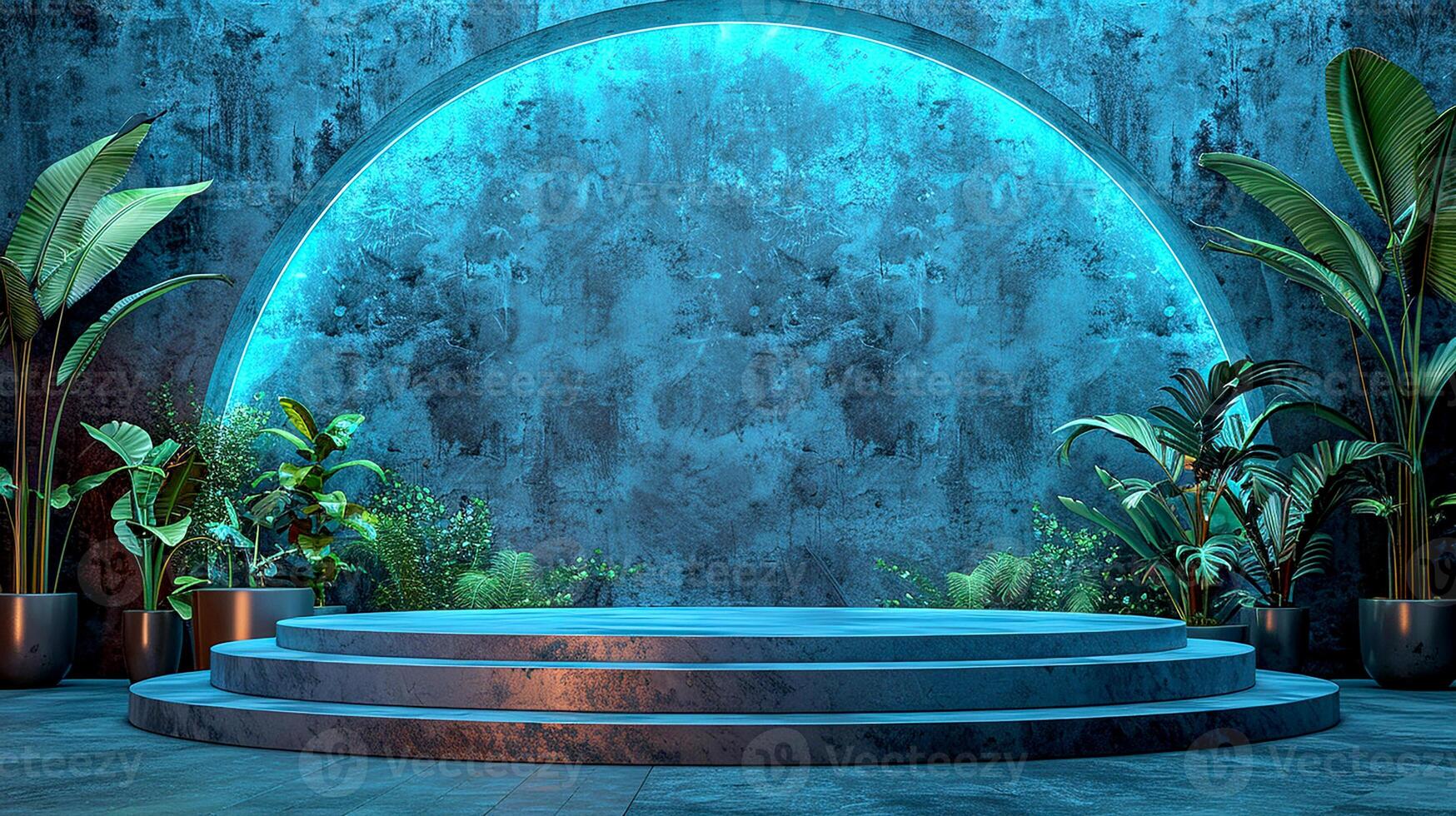A stage with a blue arch and plants in front of it photo