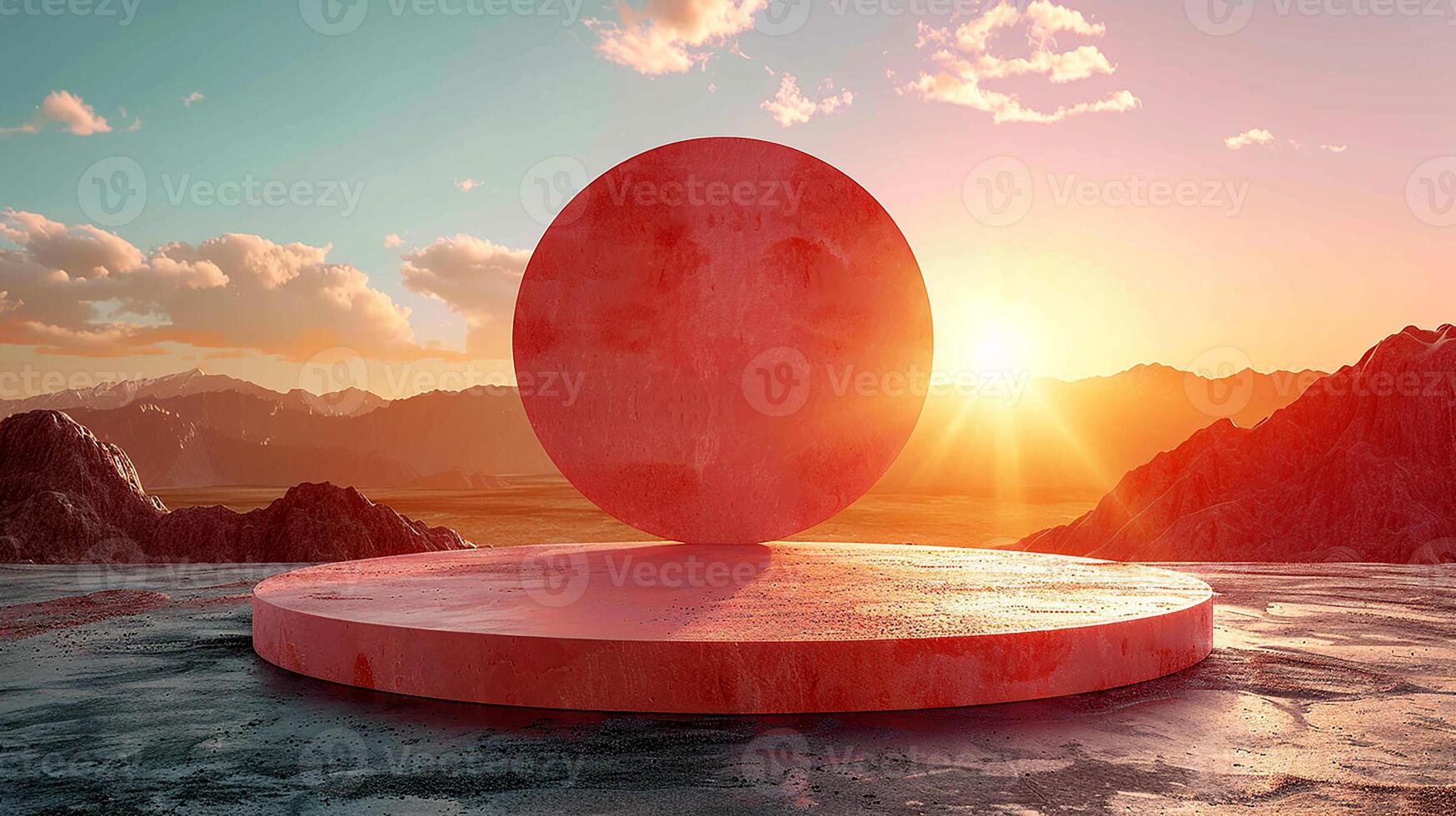 A red sphere sitting on top of a mountain photo