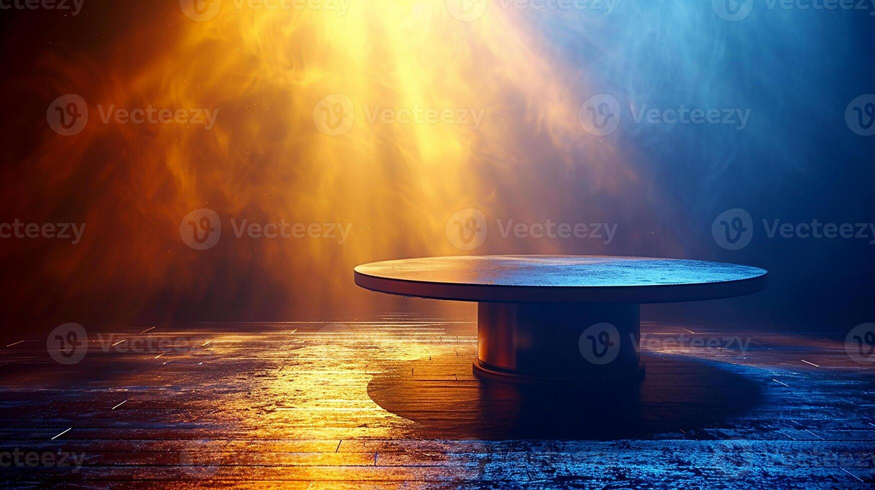 A table with a light shining on it photo