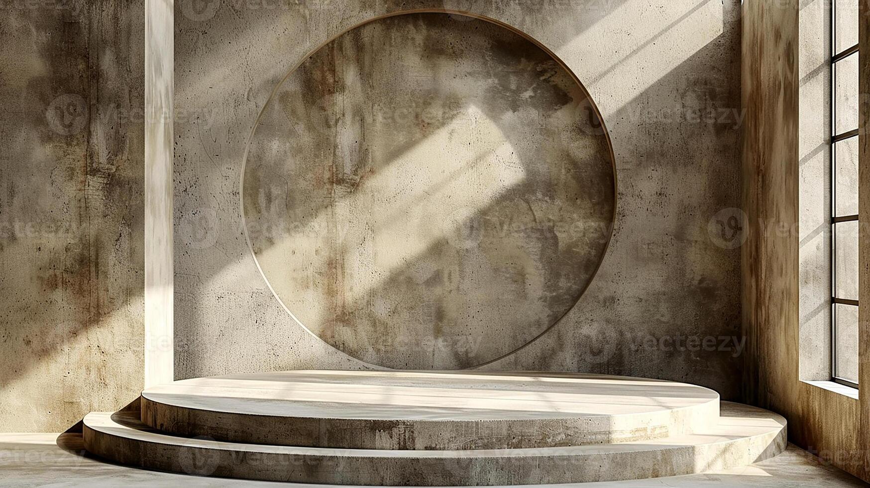 An empty room with a circular stage and a window photo