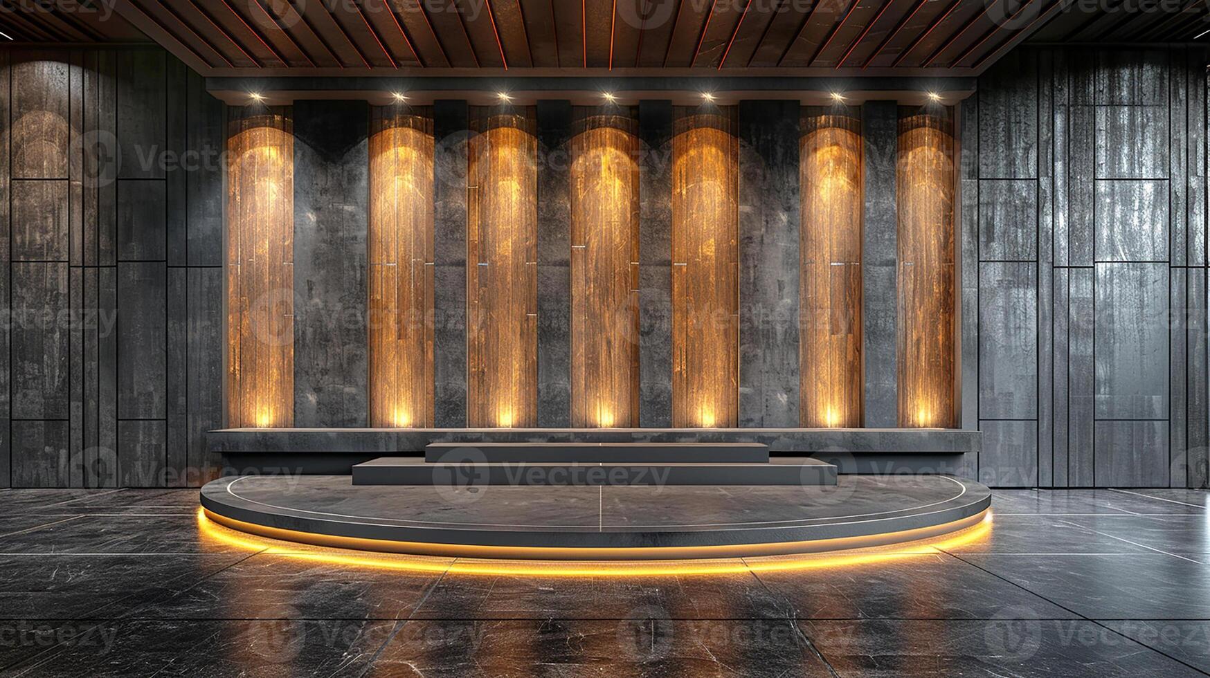 A modern room with a circular stage and lights photo
