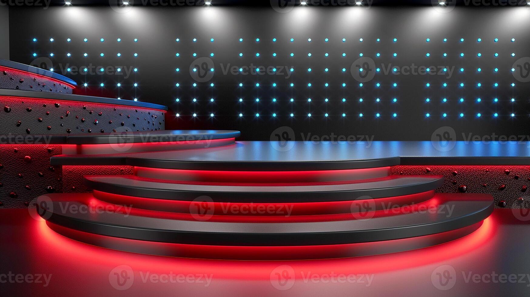3d rendering of a stage with red and blue lights photo