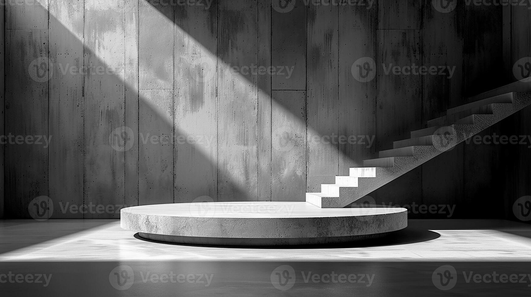 A black and white photo of a concrete floor with stairs