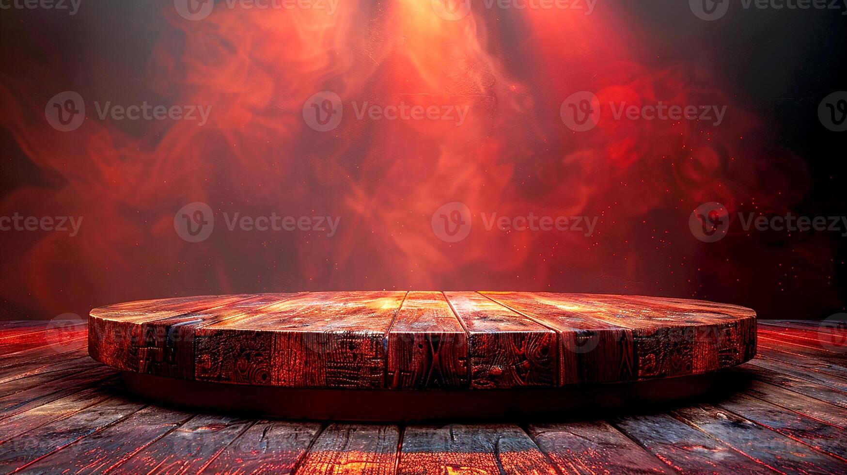 A wooden stage with red fire and smoke photo
