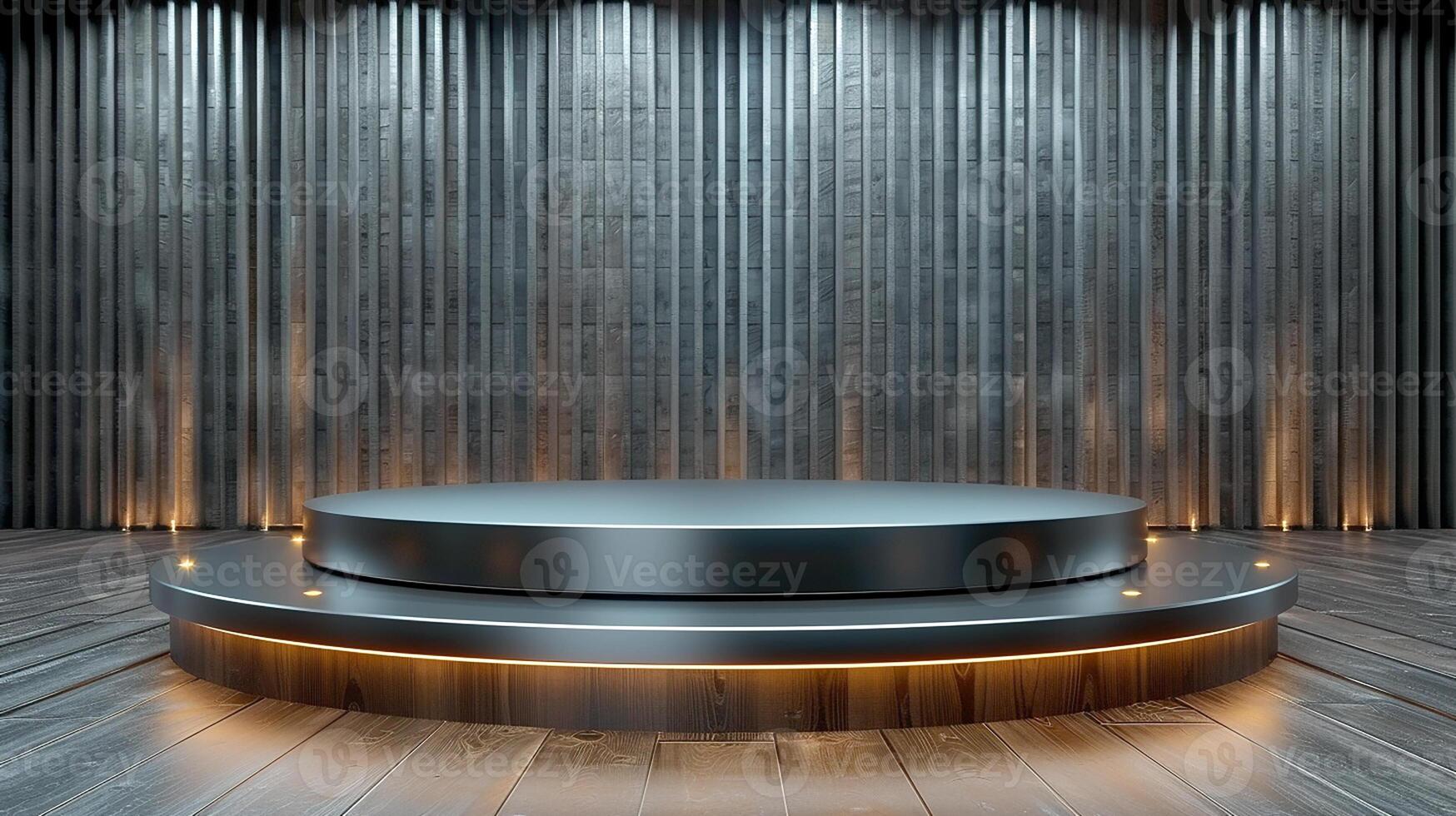A round stage with lights on it in front of a wall photo