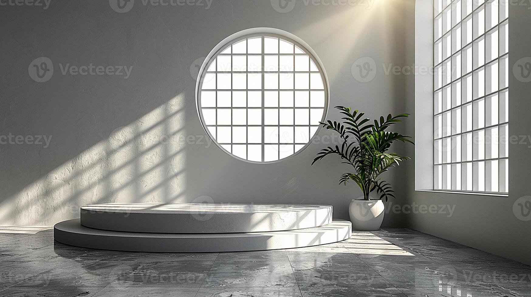 A white room with a round window and a potted plant photo