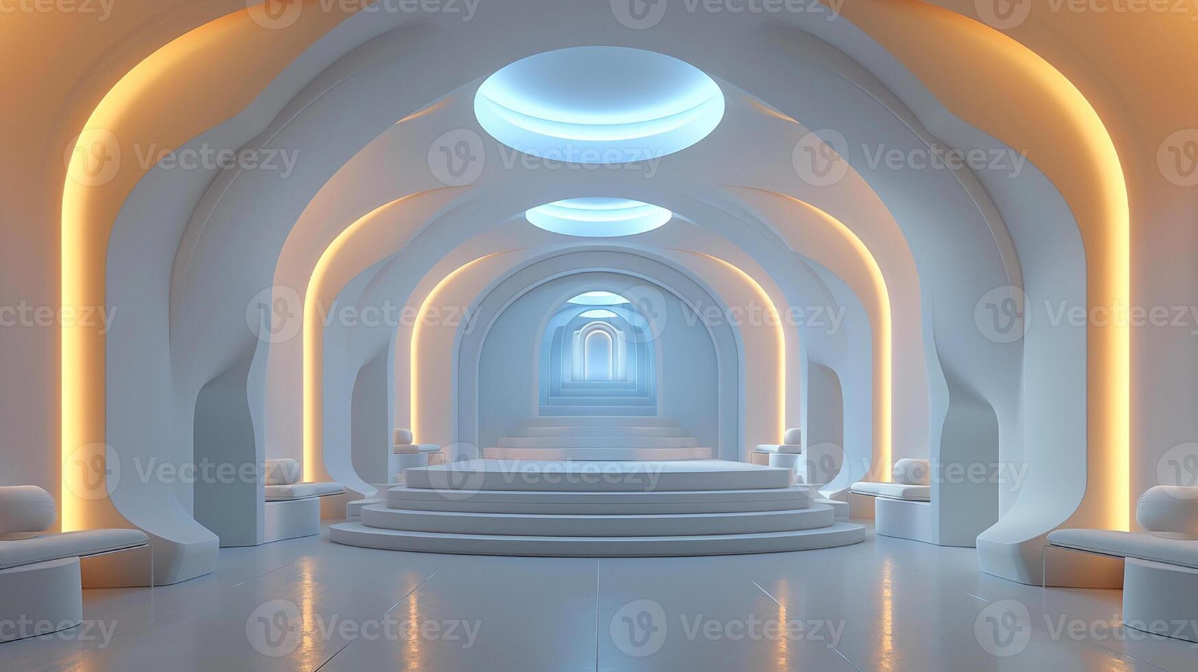 A white room with a staircase and a light photo