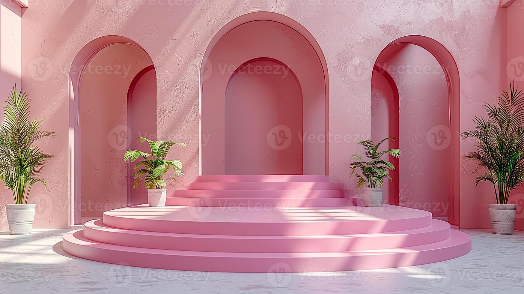 A pink room with a stage and potted plants photo