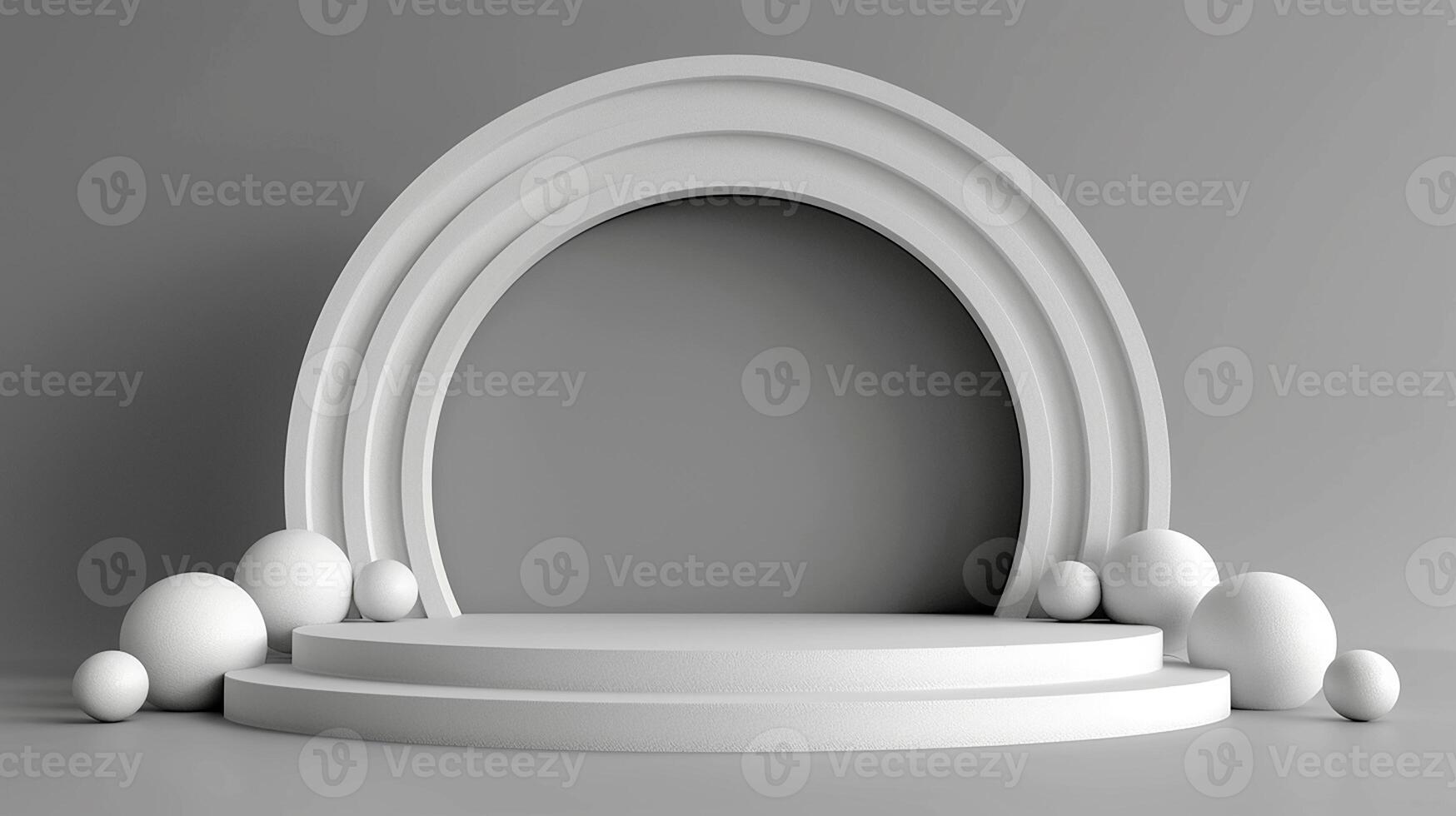 3d render of a stage with an arch and white eggs photo