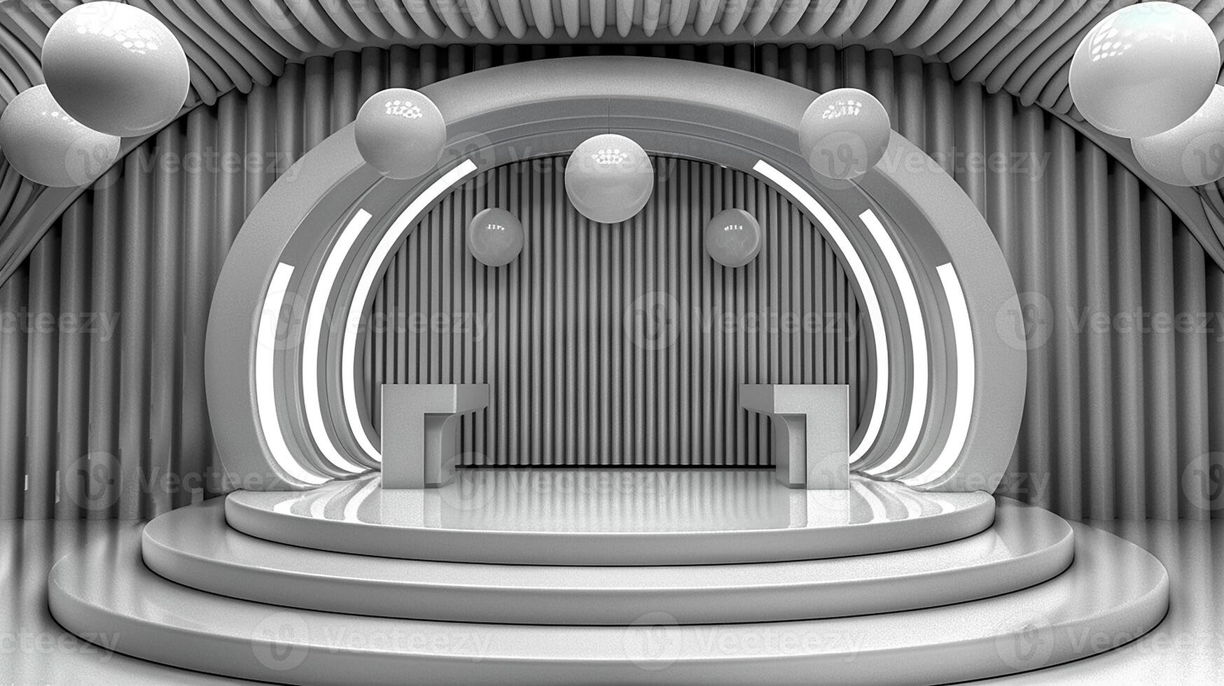 A stage with balloons and a podium photo