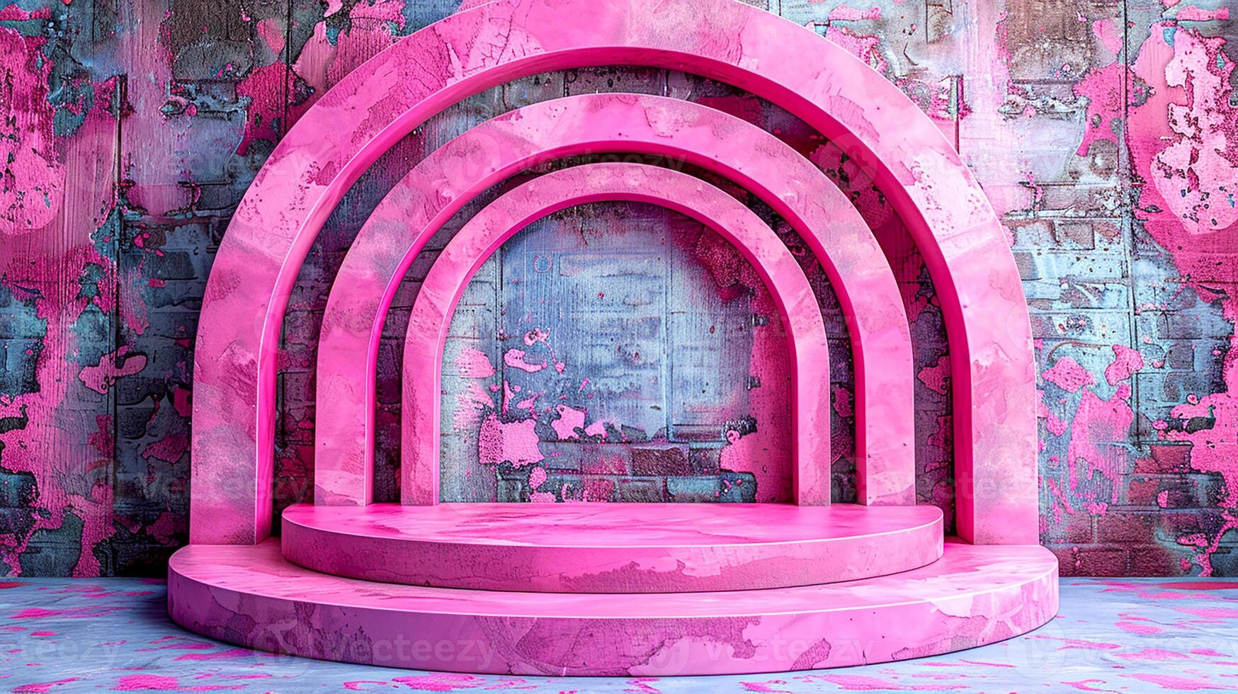 A pink stage with a large arch in front of it photo