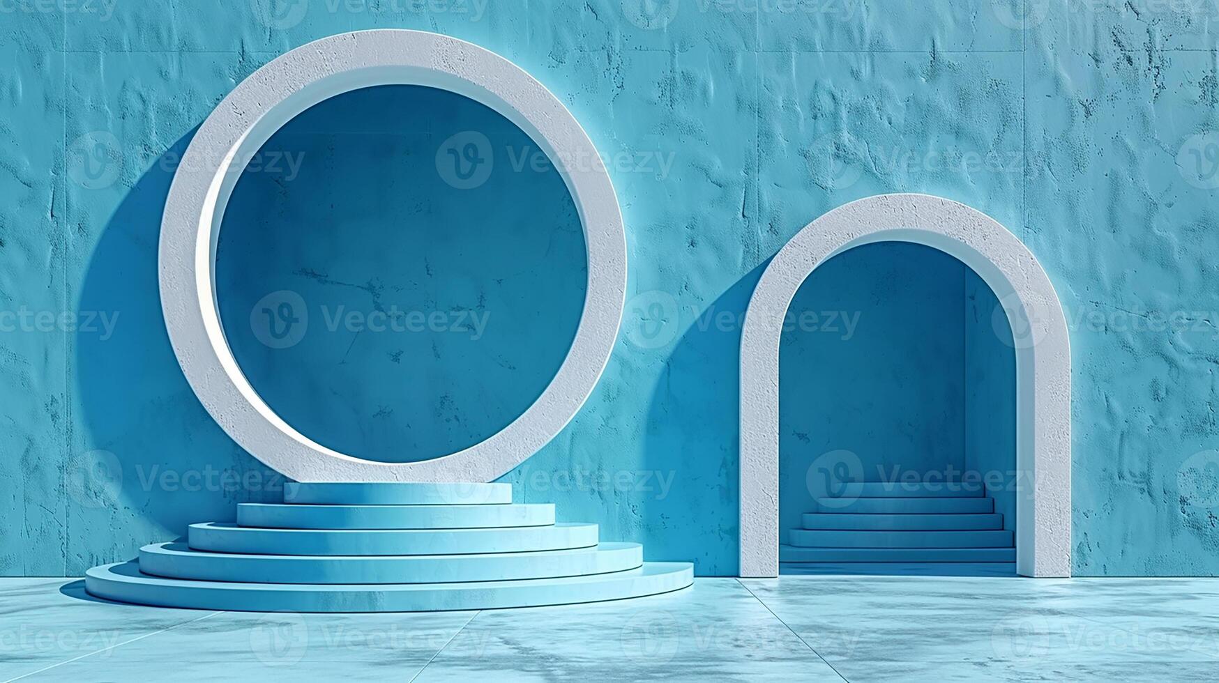 Two circular arches are in front of a blue wall photo