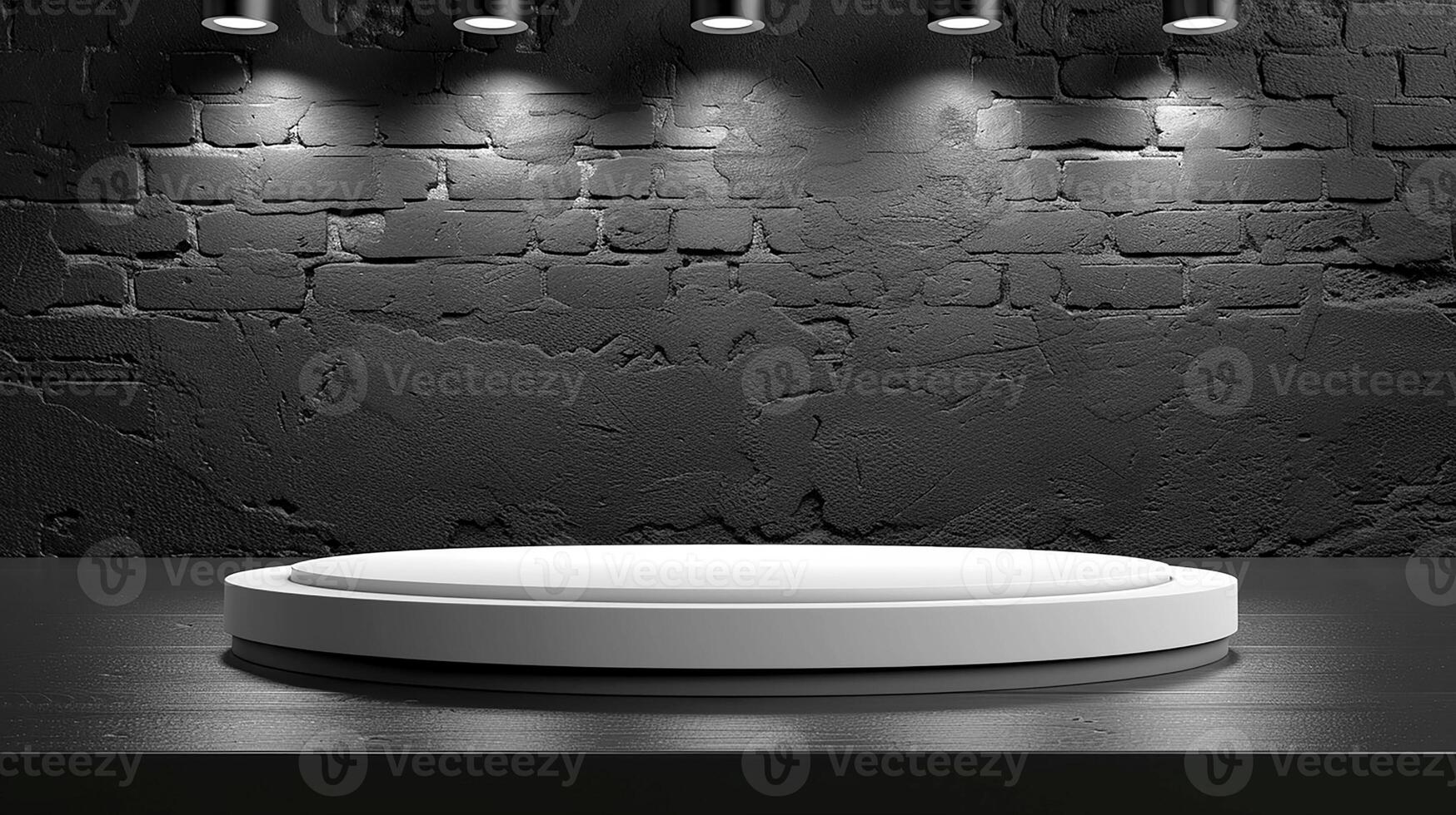 A white round table in front of a brick wall photo