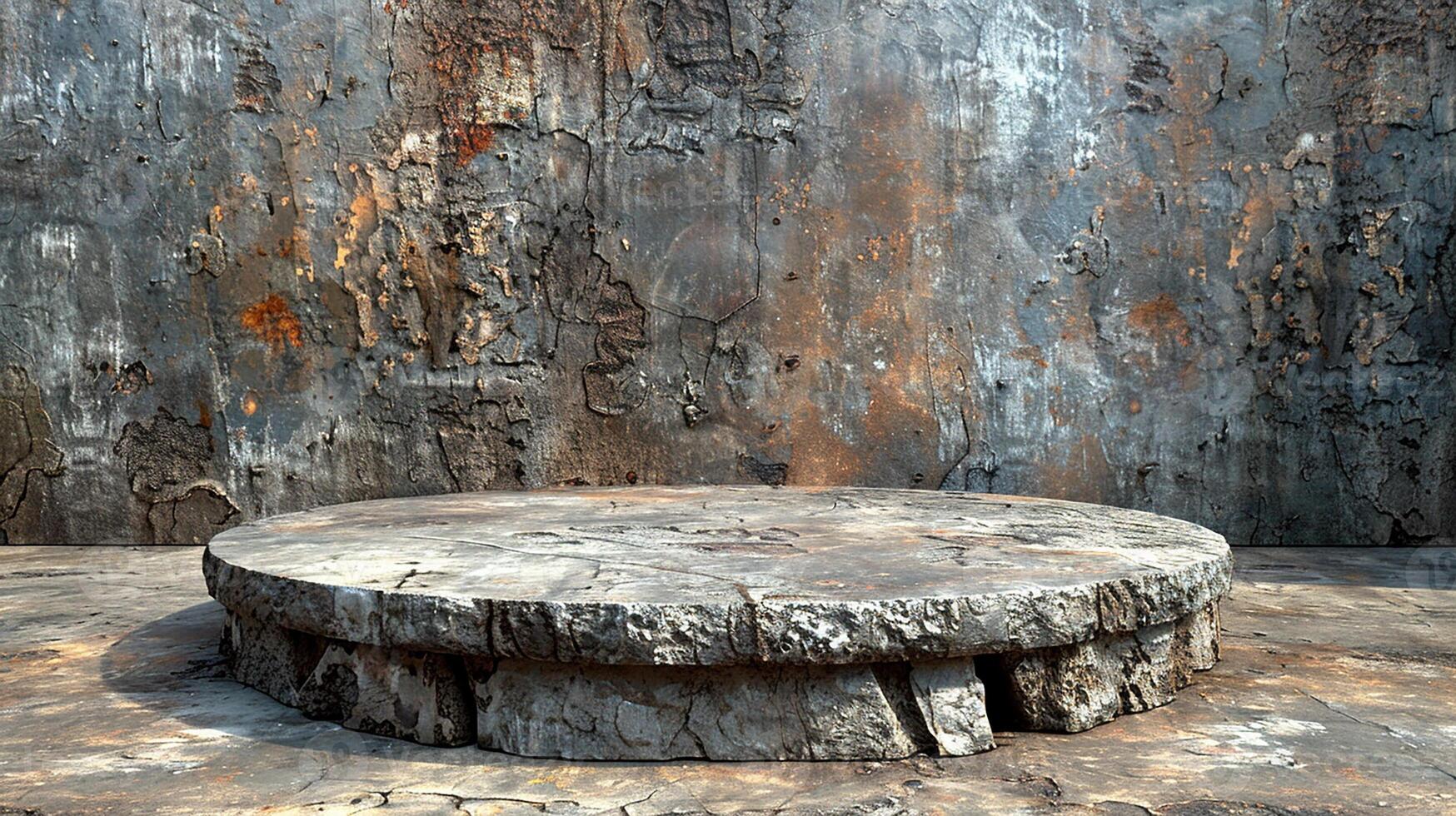 A round stone table in front of a wall photo