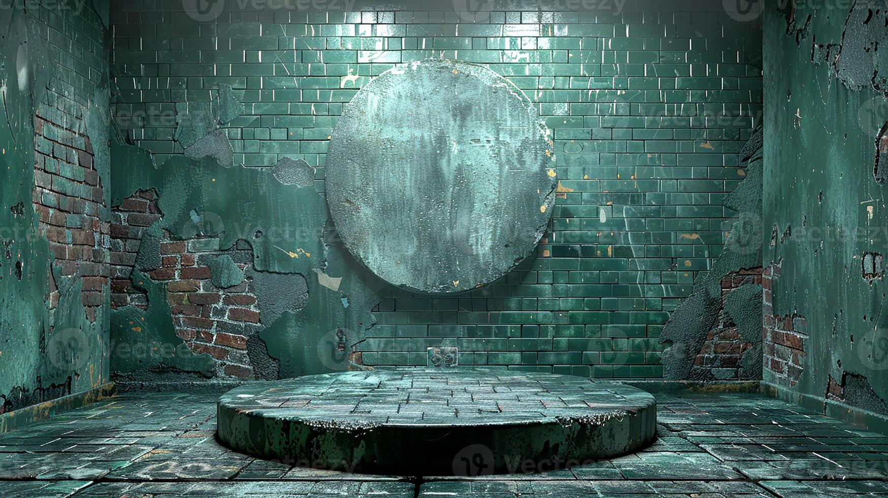 A bathroom with a round mirror and a brick wall photo