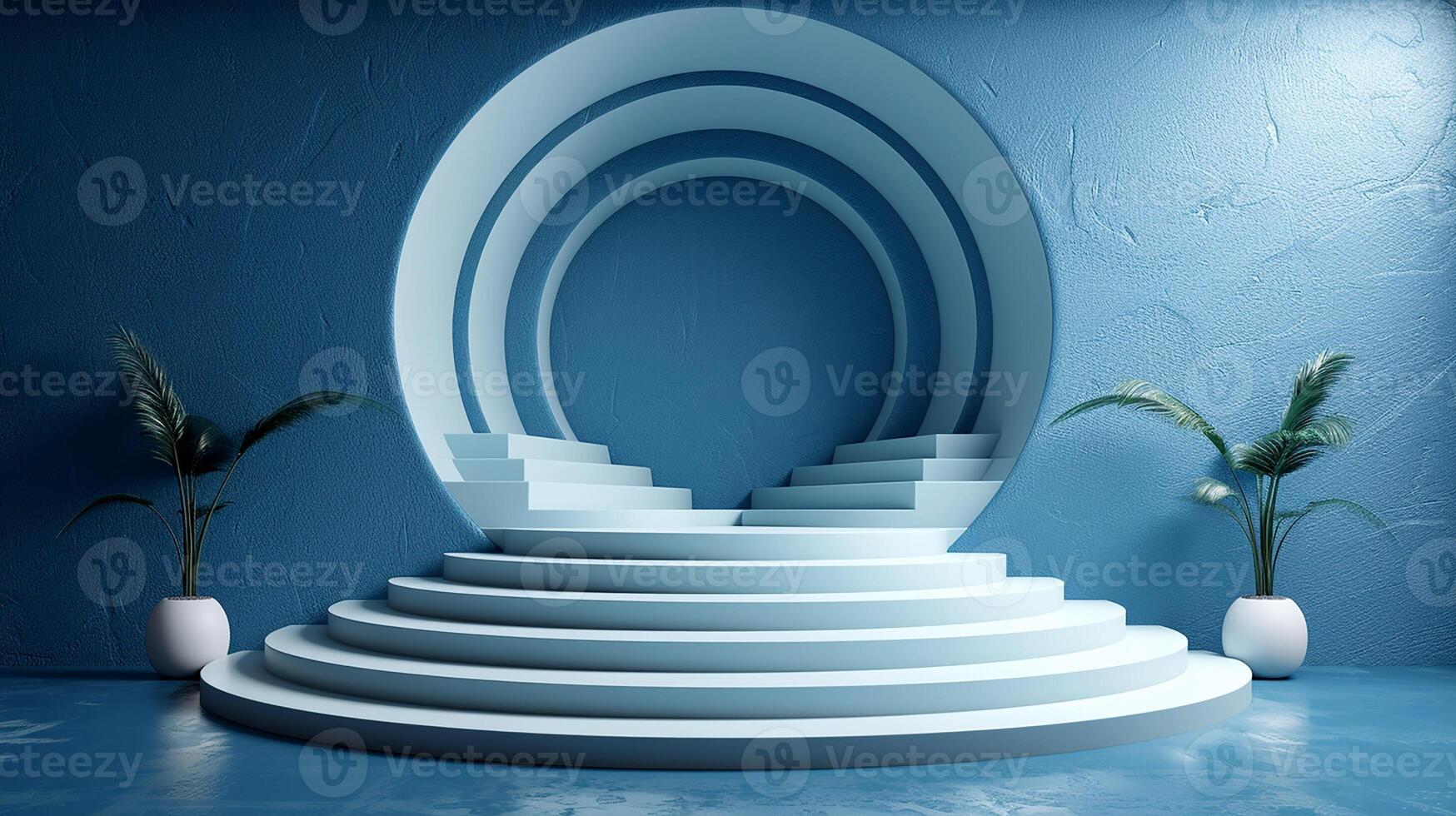 3d rendering of a white stage with a circular staircase photo