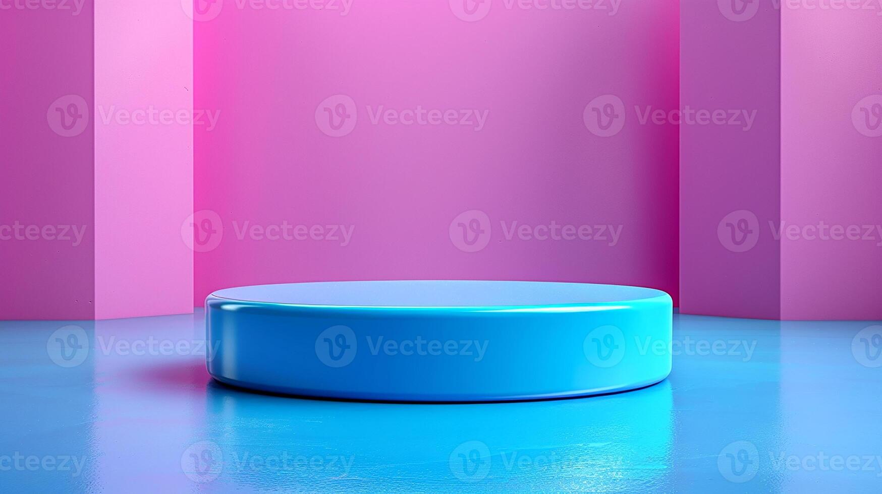 A blue round table in front of a pink wall photo