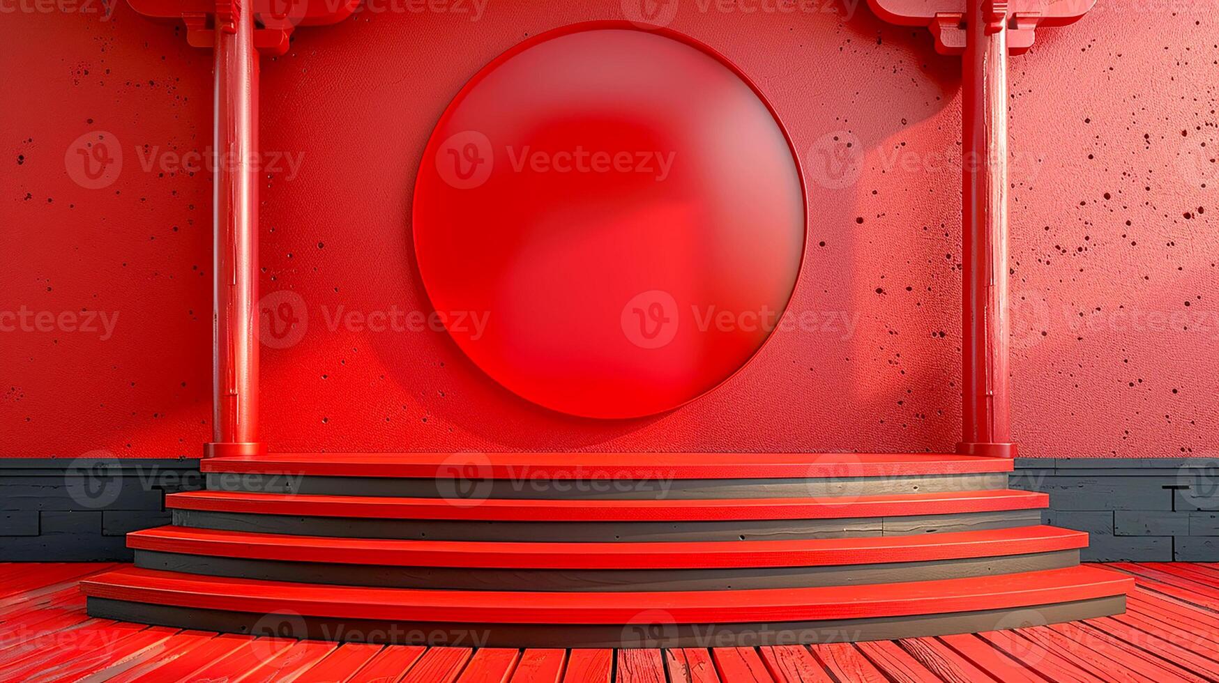 A red room with a red door and stairs photo