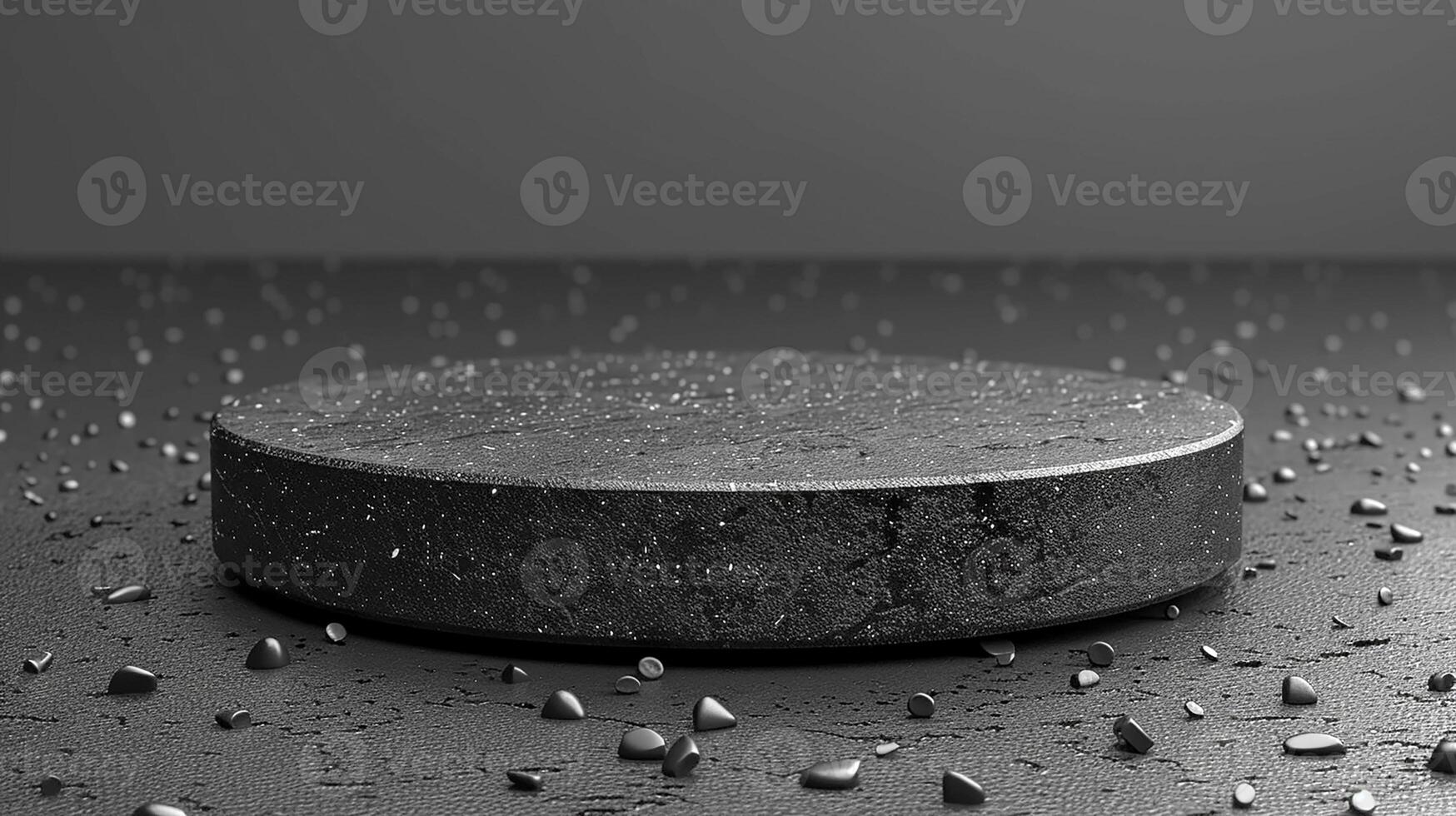 A black round table with a few pebbles on it photo