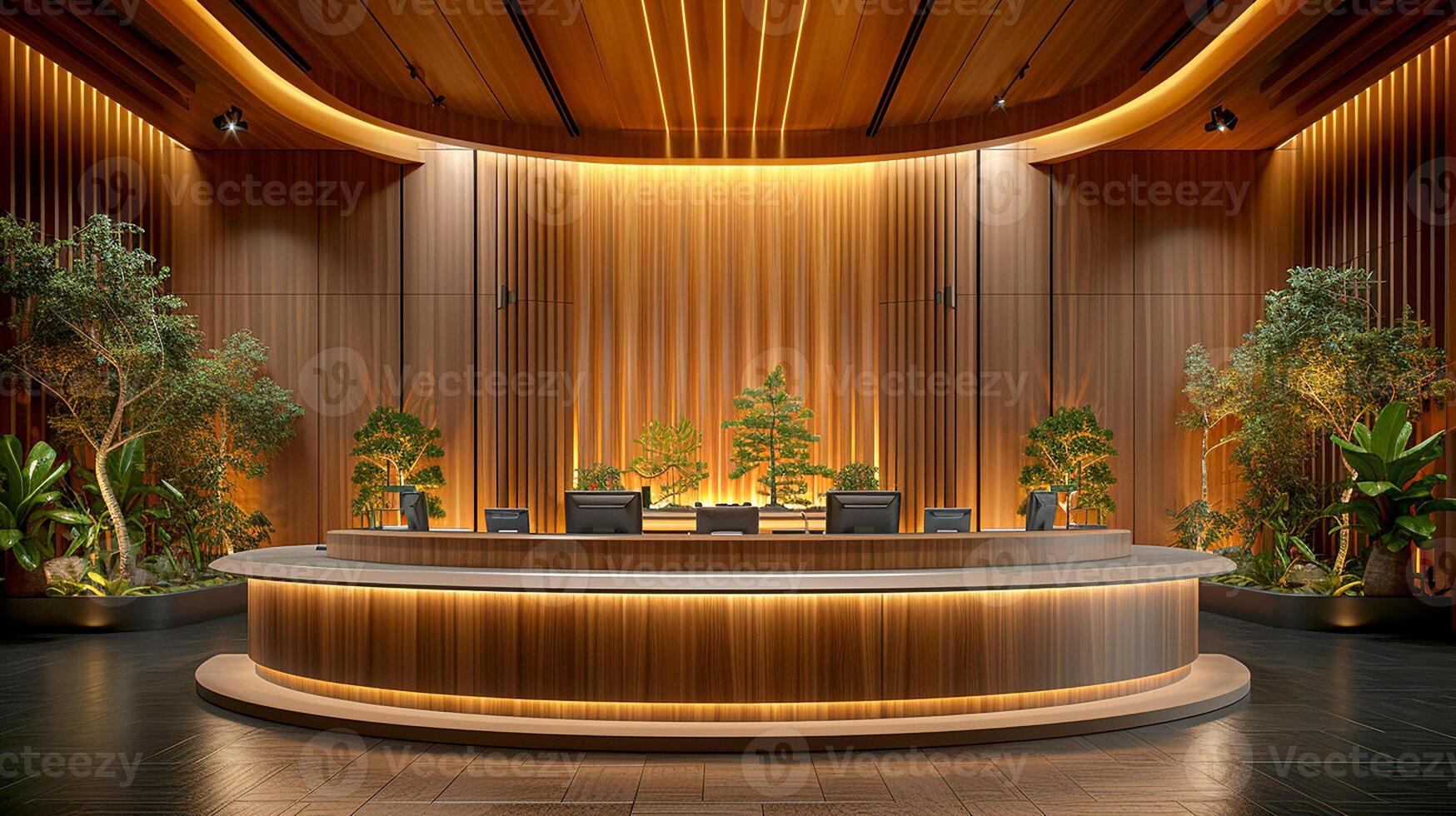 A large reception area with a circular counter photo