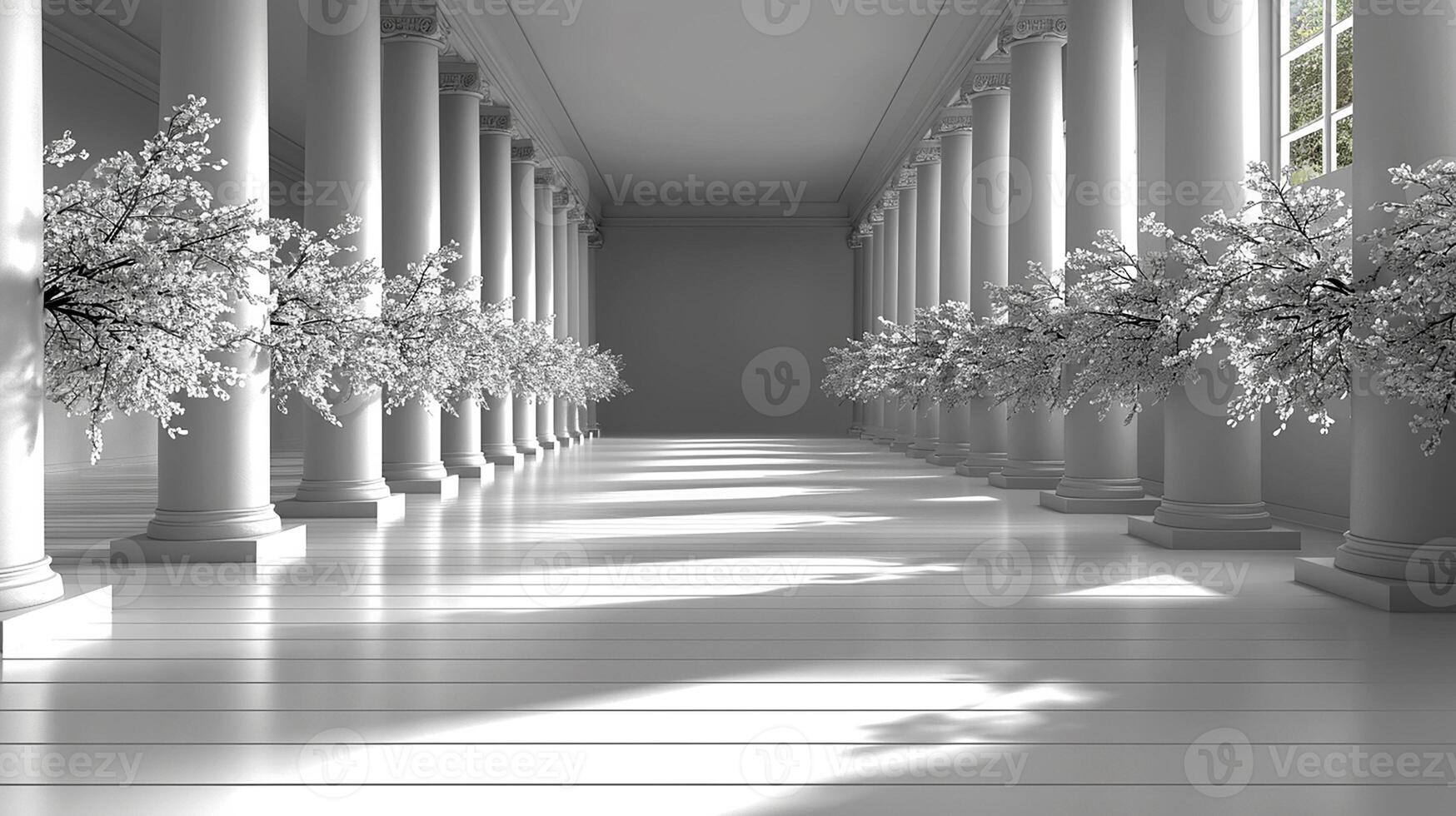 A long hallway with columns and flowers photo