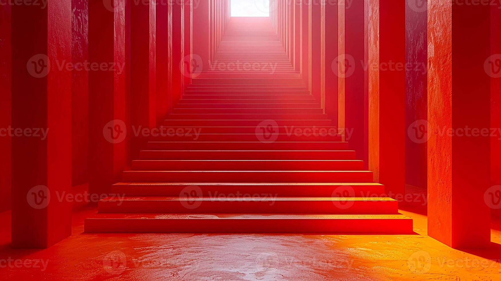A stairway with red walls and a light at the top photo