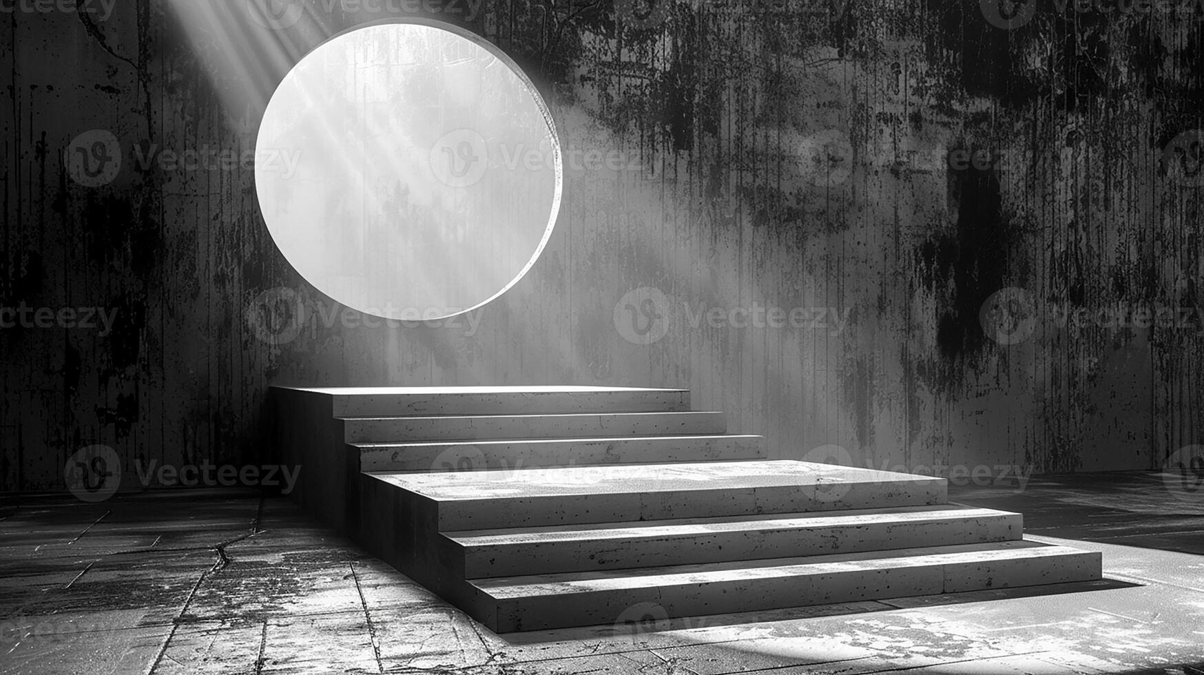 A black and white photo of a stairway leading to a large round light