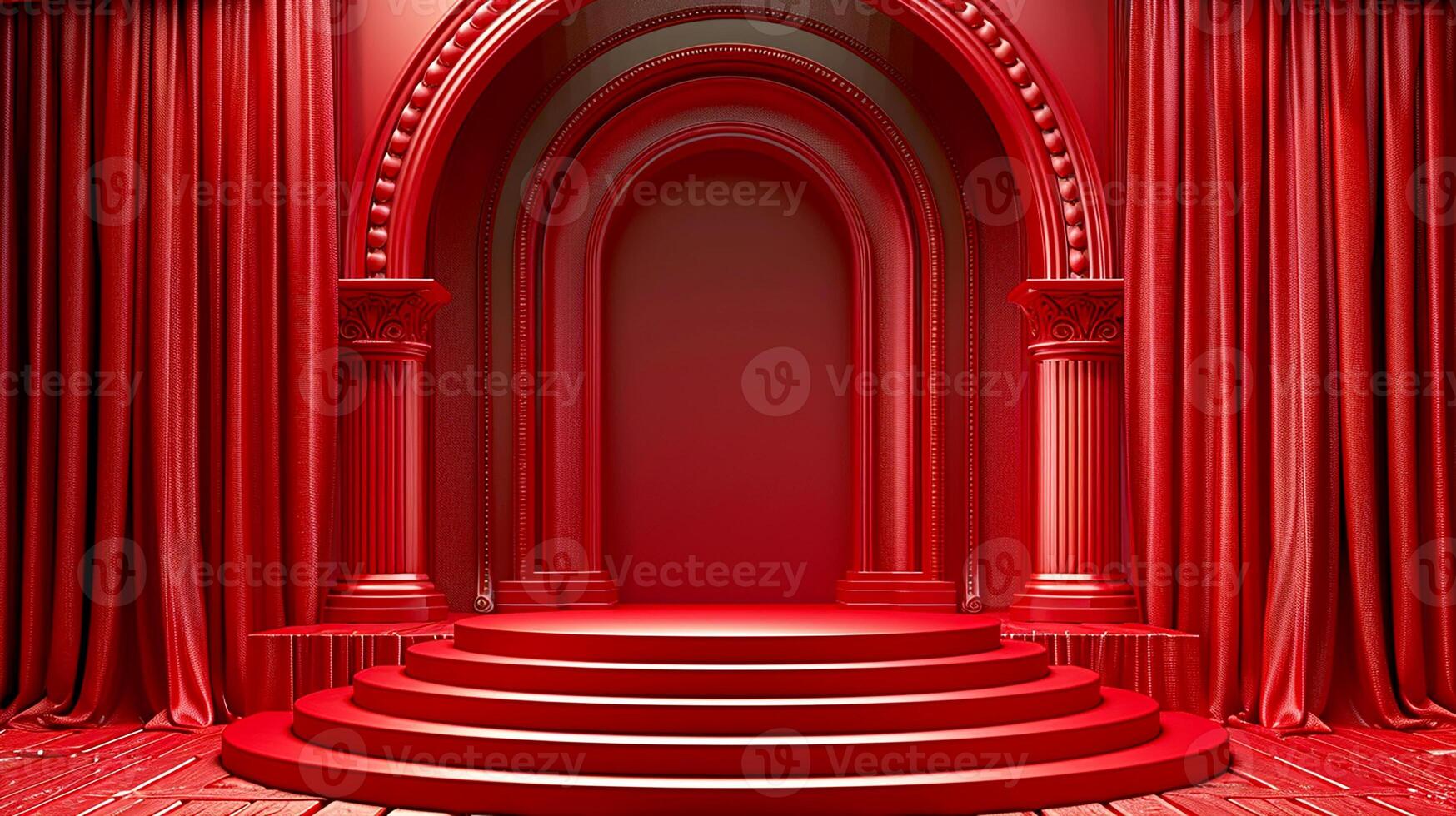 Red stage with red curtains and a red archway photo