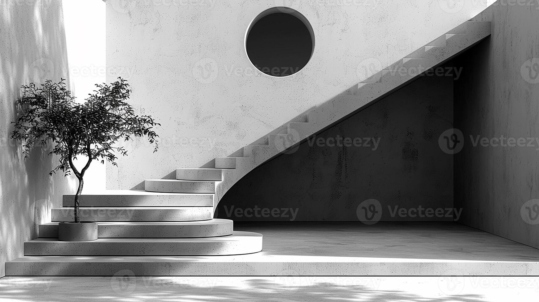 Black and white photo of a stairway with a tree in a pot