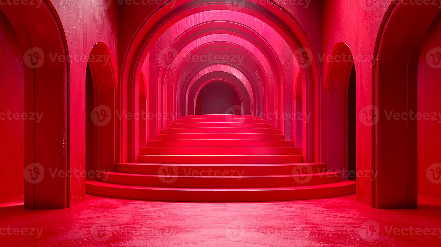 A red room with a staircase and arches photo