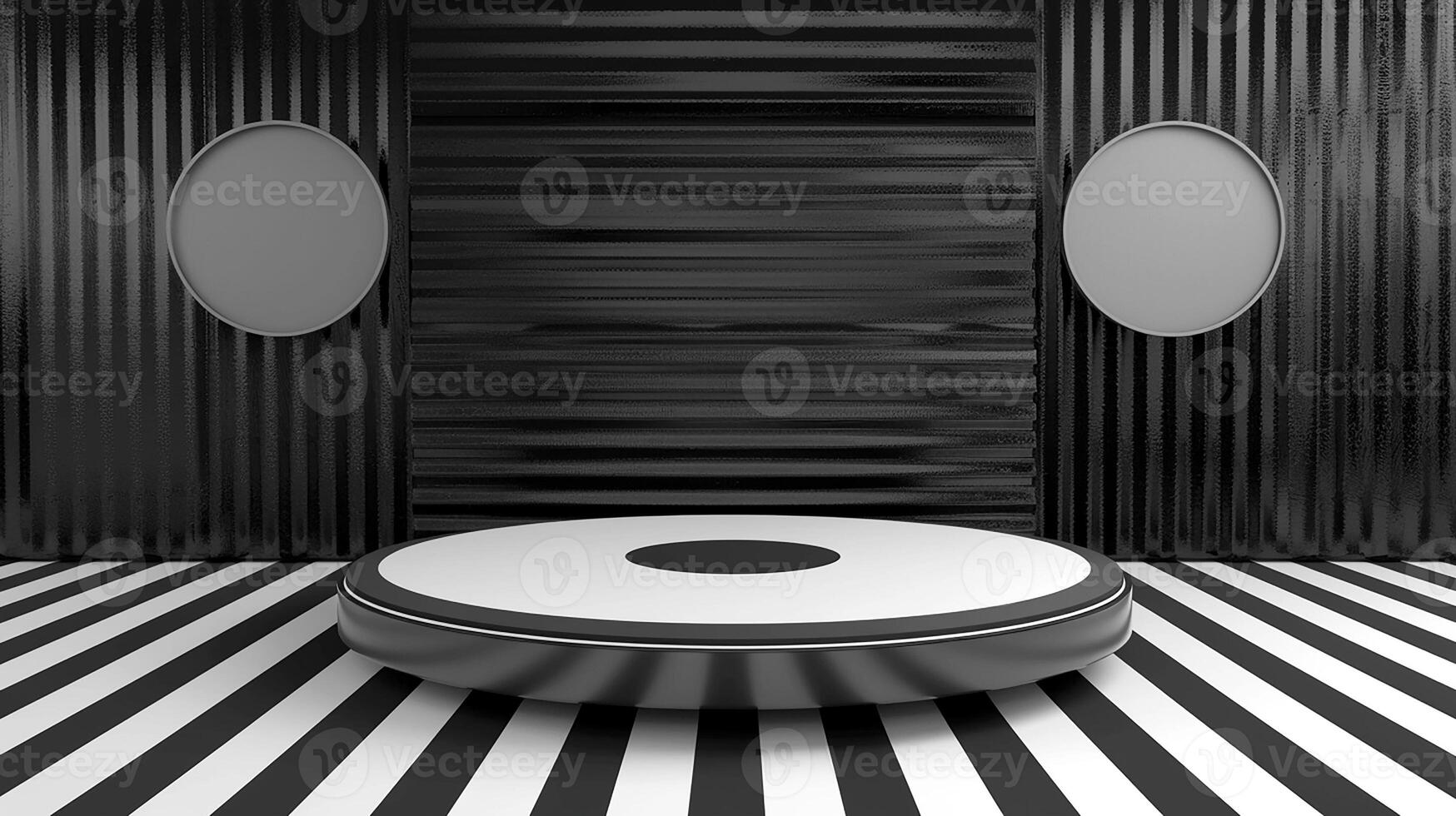 A black and white room with a round object on the floor photo