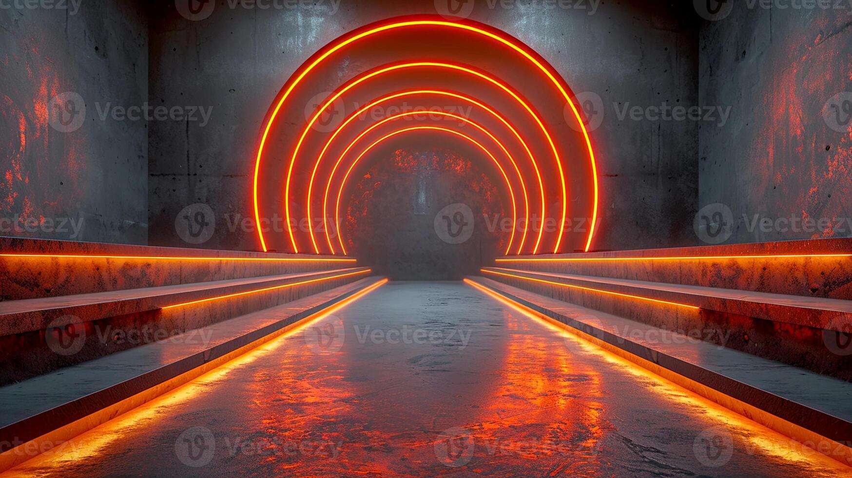 A tunnel with neon lights and a light at the end photo