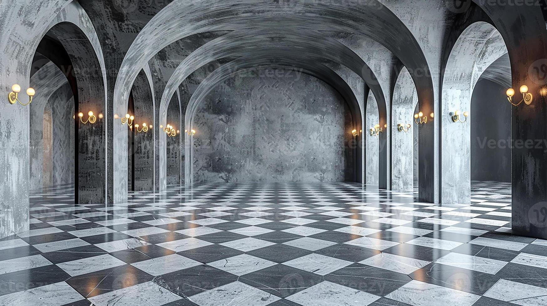 An empty room with a checkered floor and arches photo