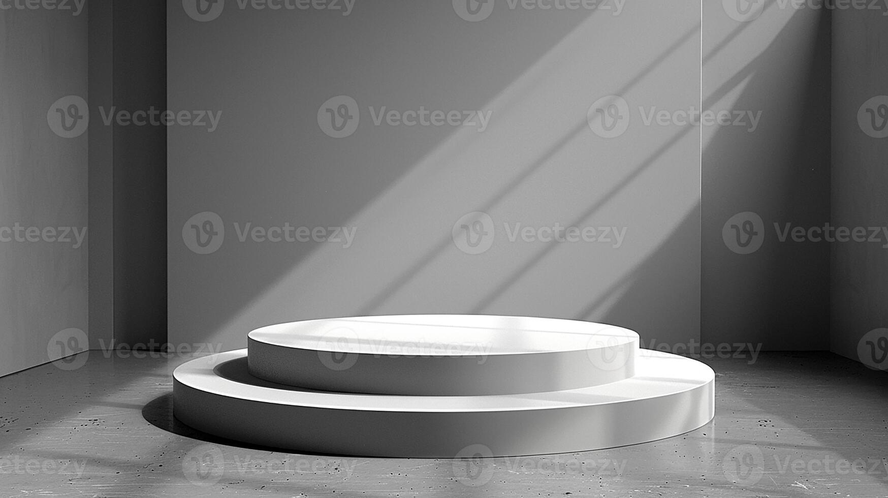 A white pedestal in a room with a wall photo