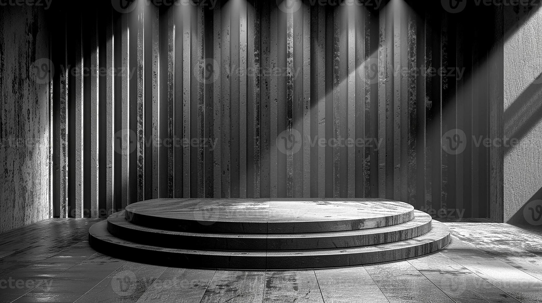 Black and white photo of a stage with a spotlight