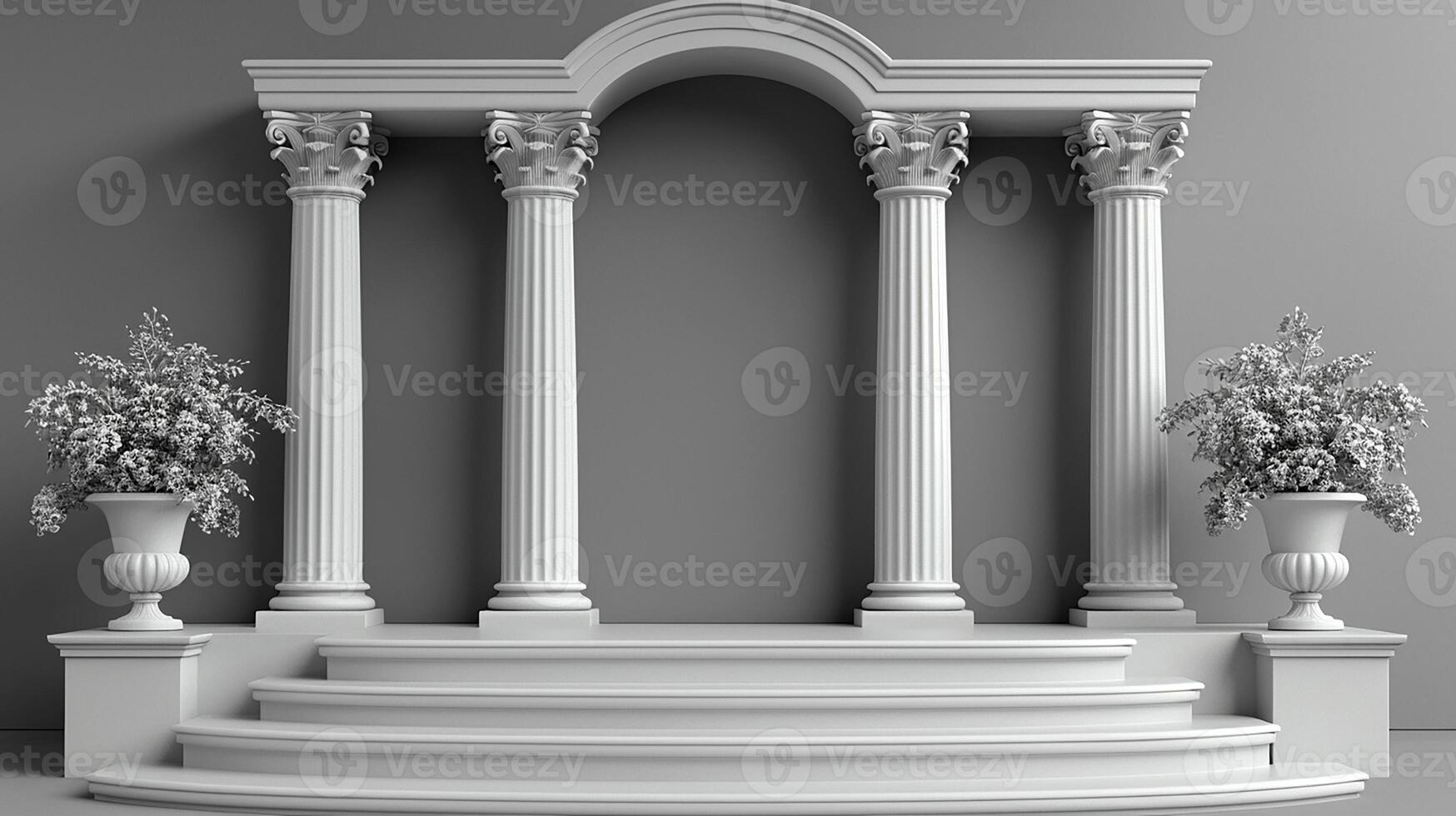An old style stage with columns and potted plants photo